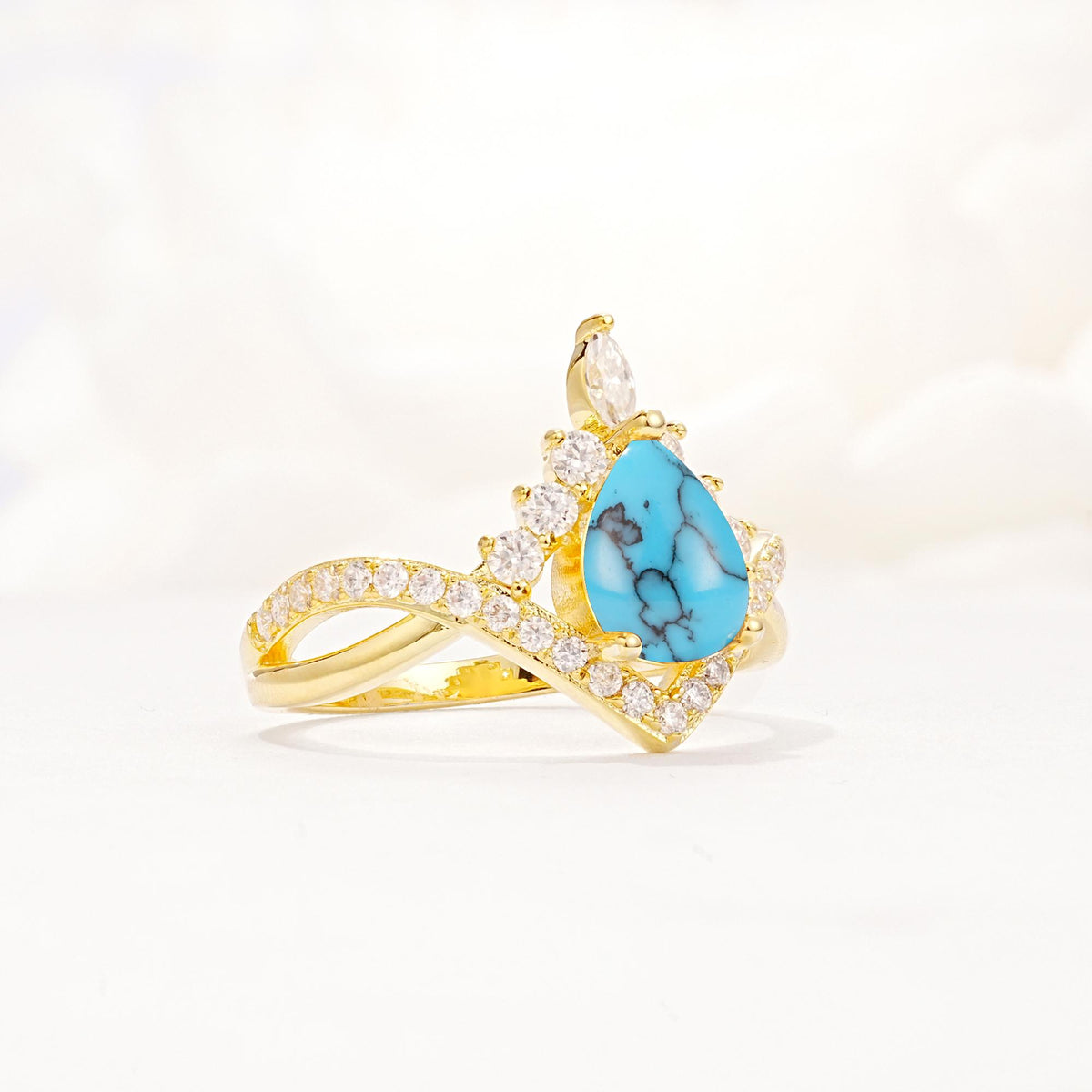 Pear Cut Turquoise Crown Engagement Ring with Chevron Band - Additional view