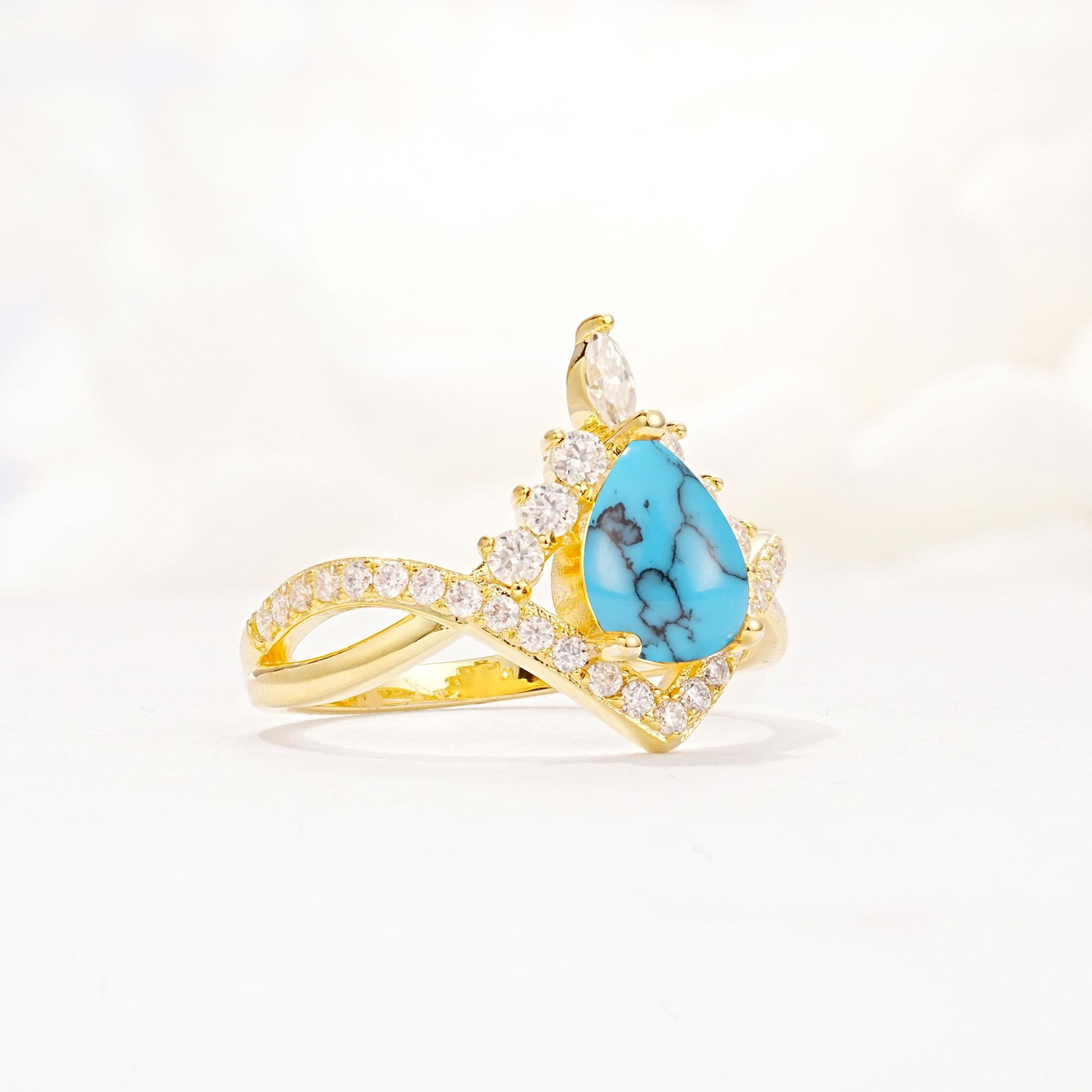 Pear Cut Turquoise Crown Engagement Ring with Chevron Band - Additional view