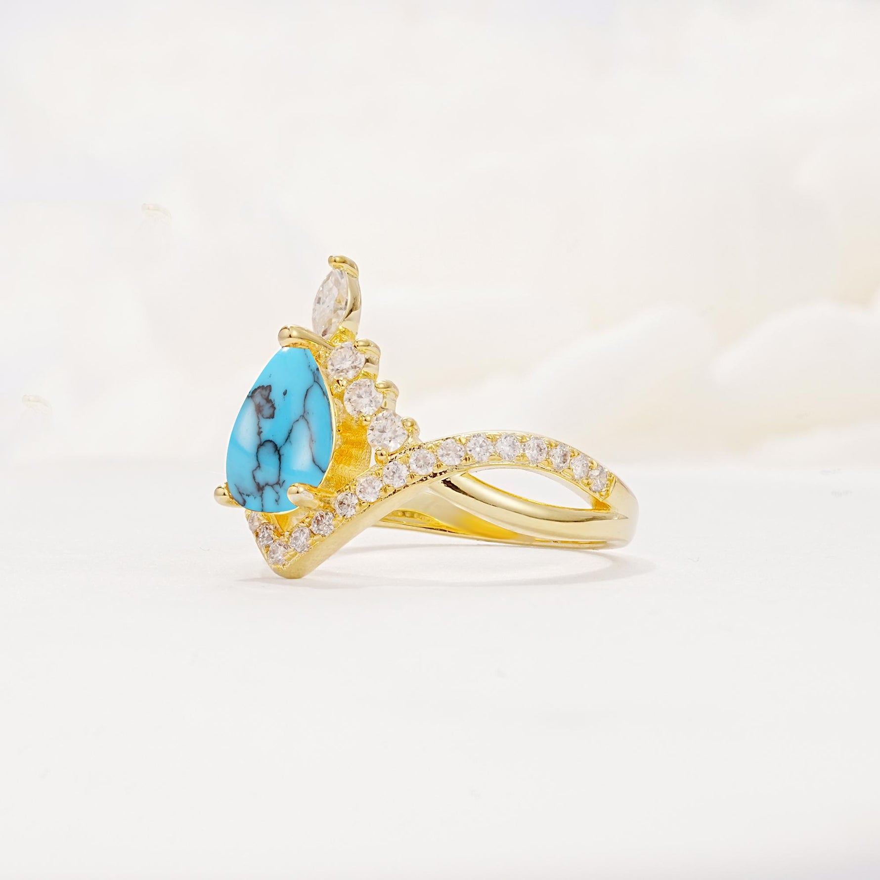 Pear Cut Turquoise Crown Engagement Ring with Chevron Band - Additional view