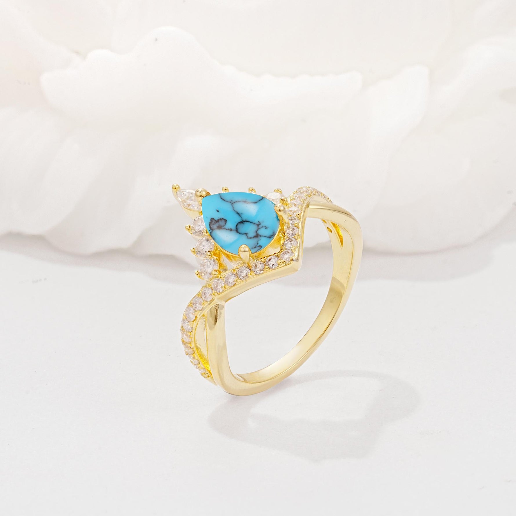 Pear Cut Turquoise Crown Engagement Ring with Chevron Band - Additional view