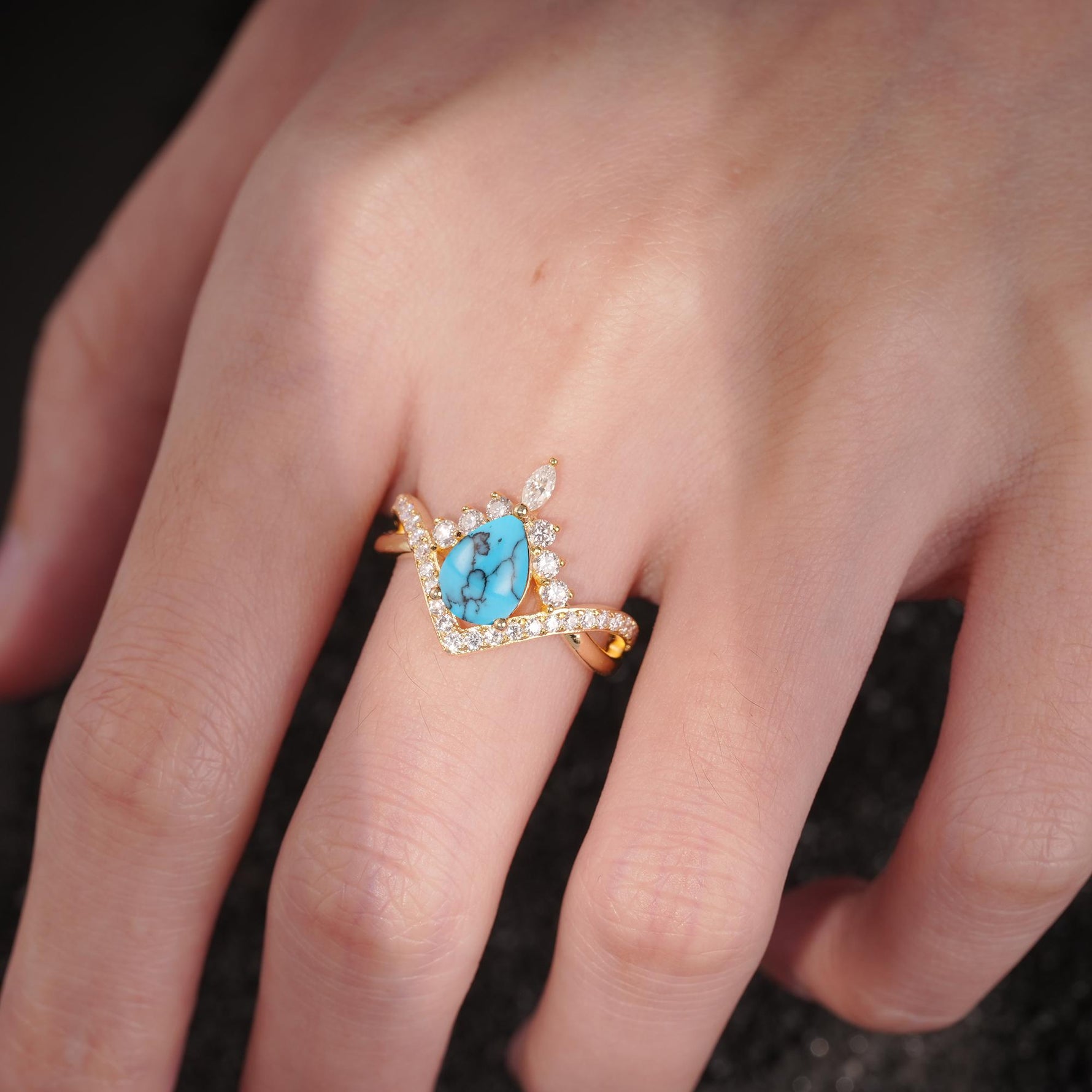 Pear Cut Turquoise Crown Engagement Ring with Chevron Band - Additional view