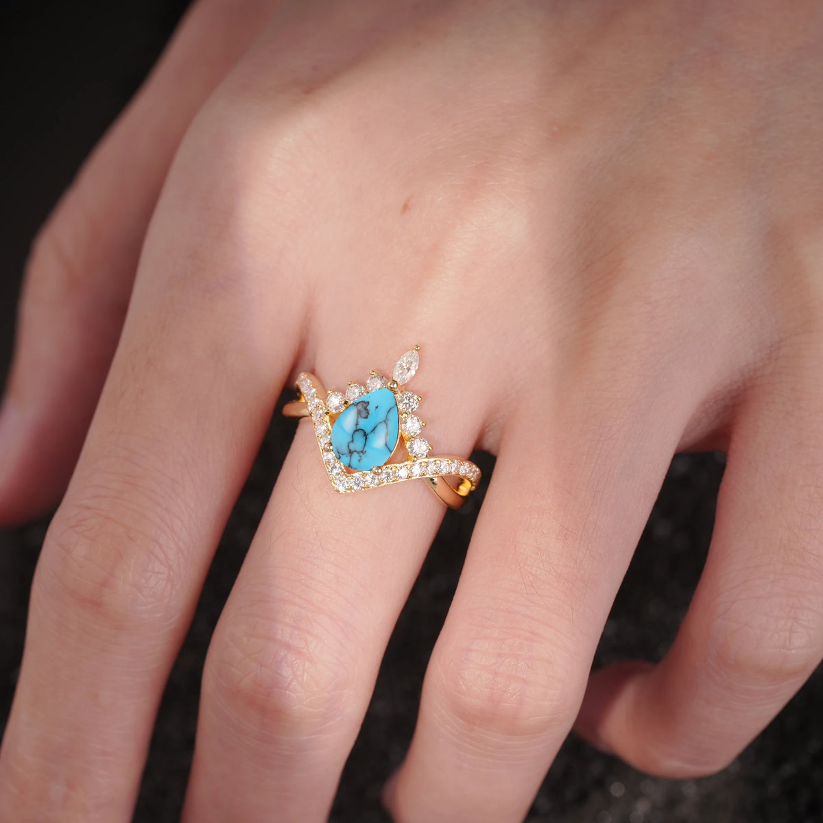 Pear Cut Turquoise Crown Engagement Ring with Chevron Band