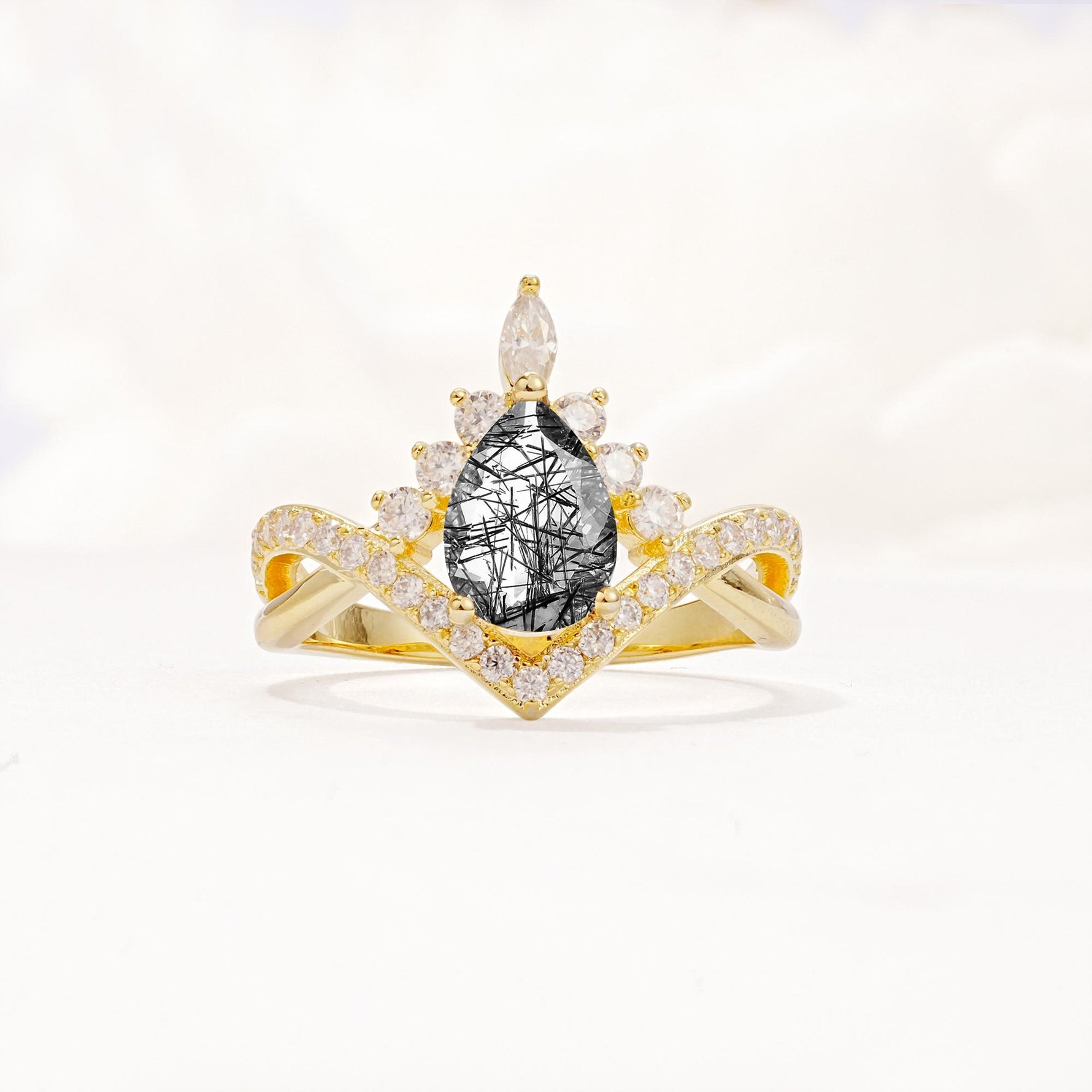 Pear Cut Black Rutilated Quartz Crown Engagement Ring with Chevron Band - Additional view