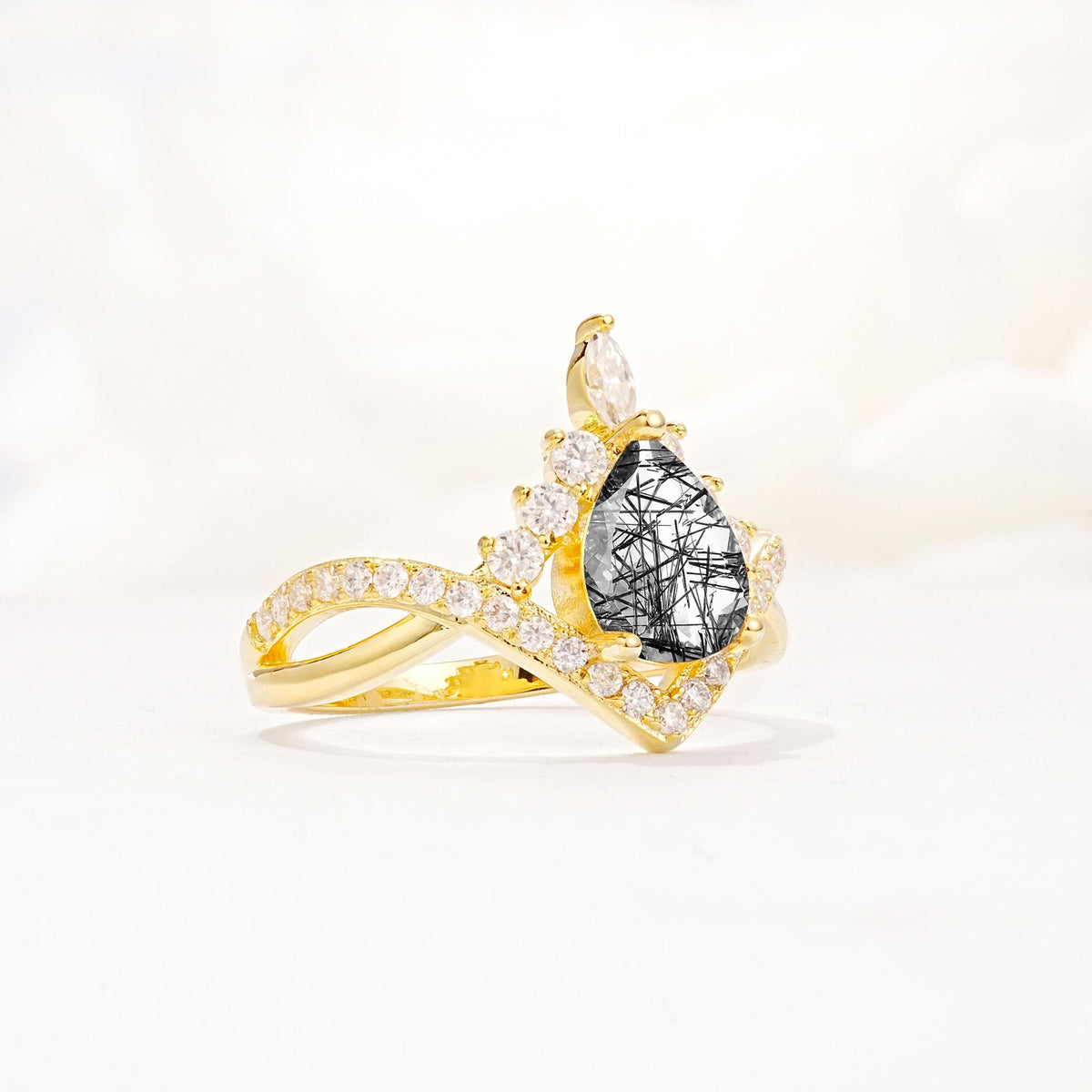 Pear Cut Black Rutilated Quartz Crown Engagement Ring with Chevron Band - Additional view