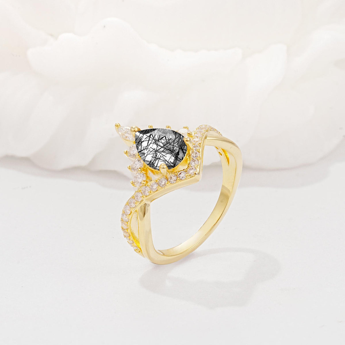 Pear Cut Black Rutilated Quartz Crown Engagement Ring with Chevron Band - Additional view