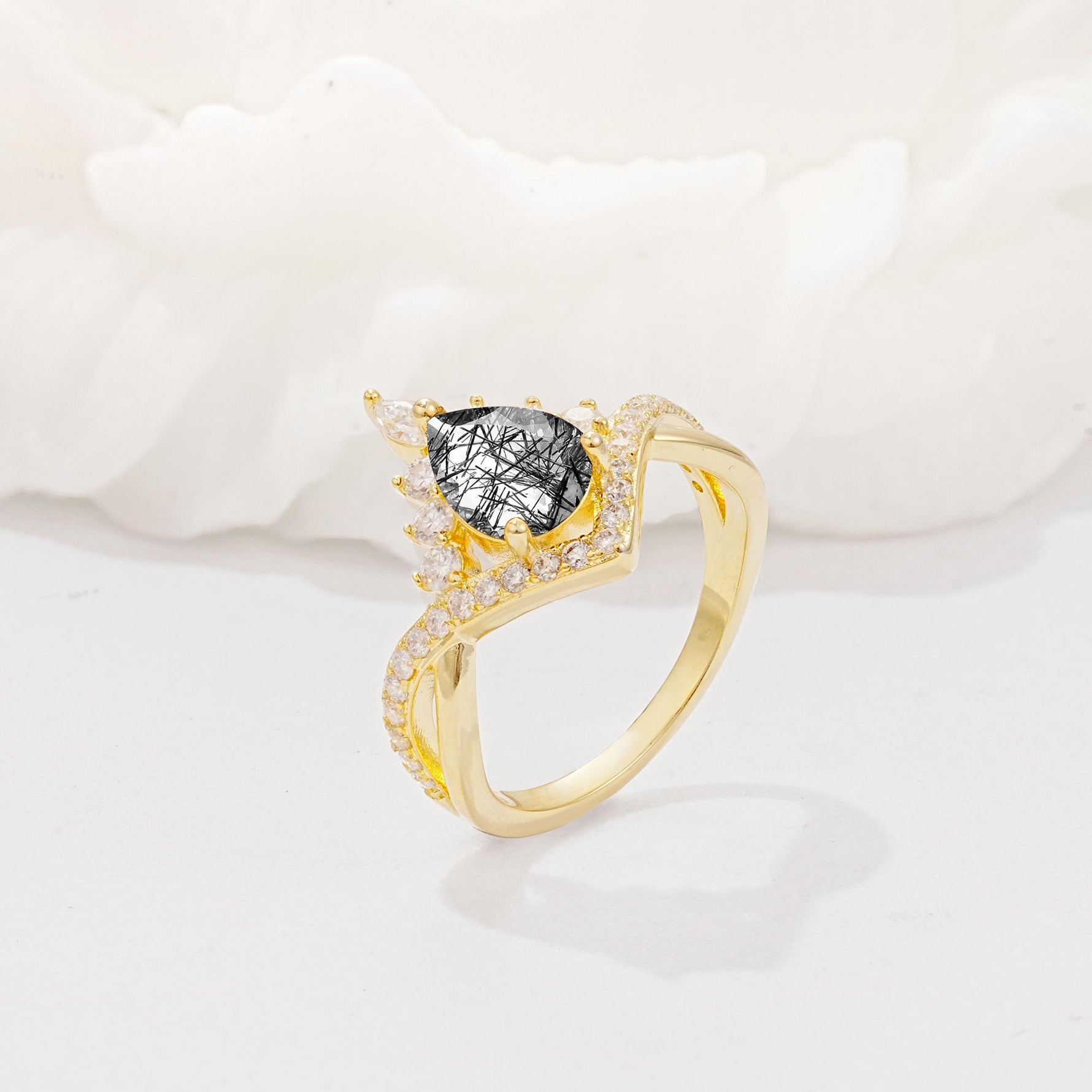 Pear Cut Black Rutilated Quartz Crown Engagement Ring with Chevron Band - Additional view