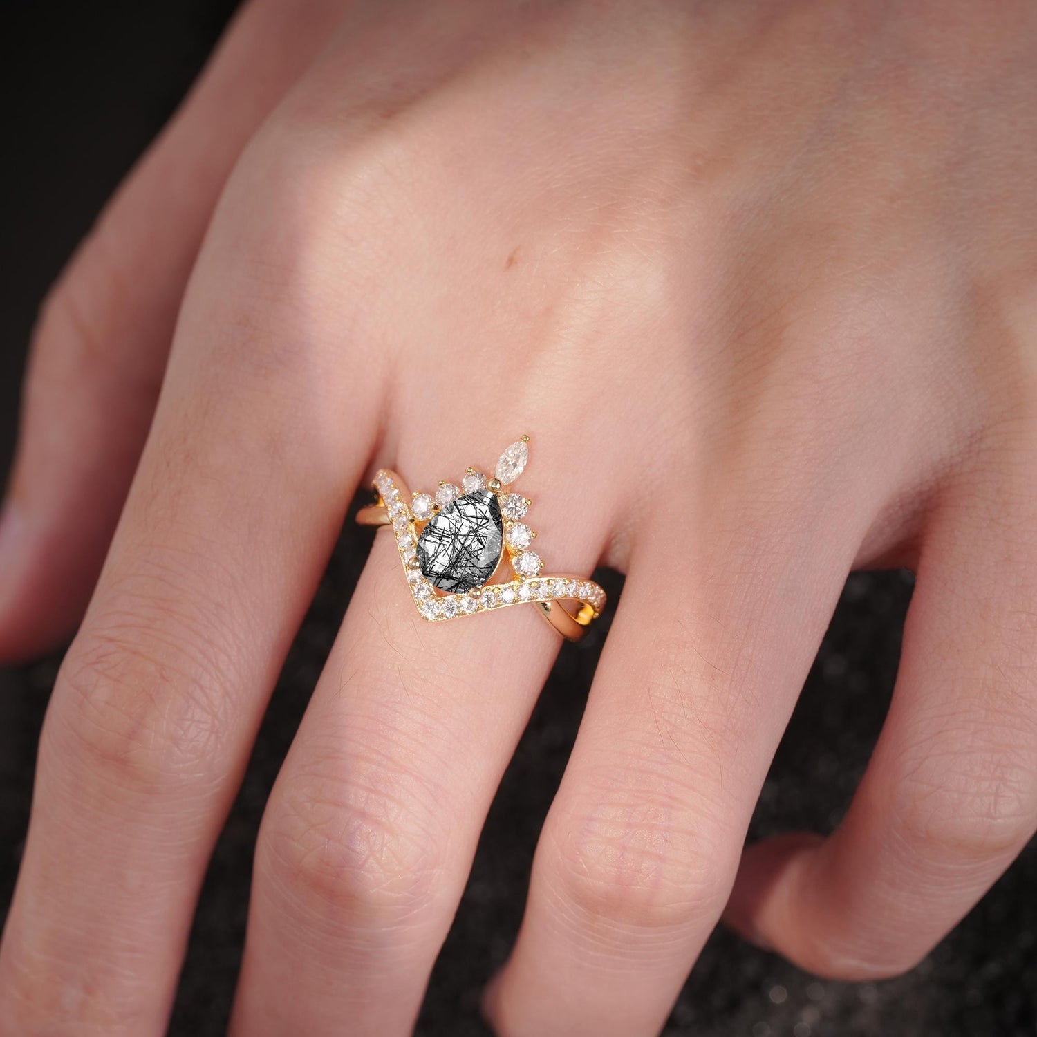 Pear Cut Black Rutilated Quartz Crown Engagement Ring with Chevron Band - Additional view