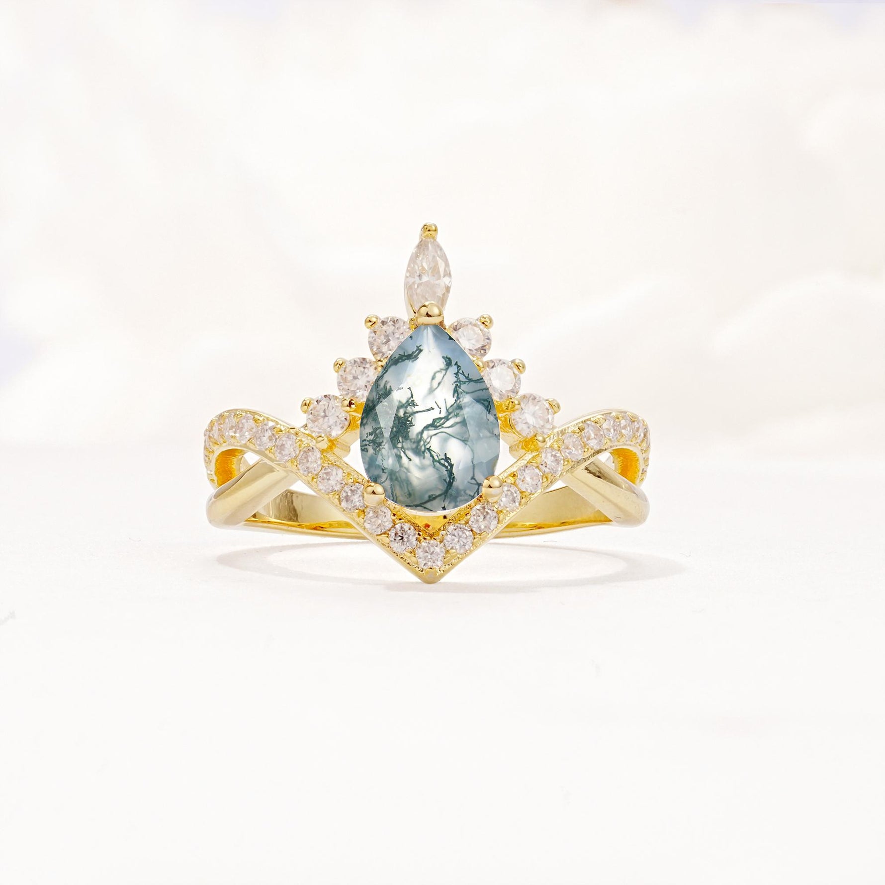 Pear Cut Moss Agate Crown Engagement Ring with Chevron Band - Additional view