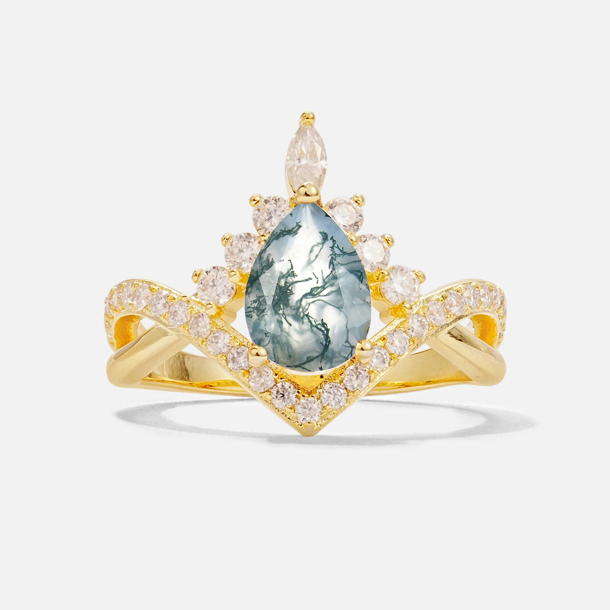Pear Cut Moss Agate Crown Engagement Ring with Chevron Band