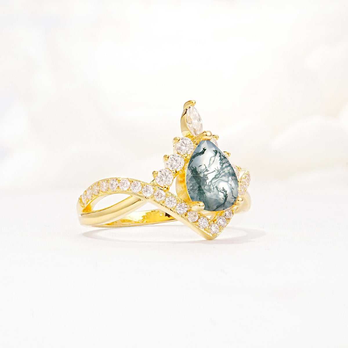 Pear Cut Moss Agate Crown Engagement Ring with Chevron Band - Additional view