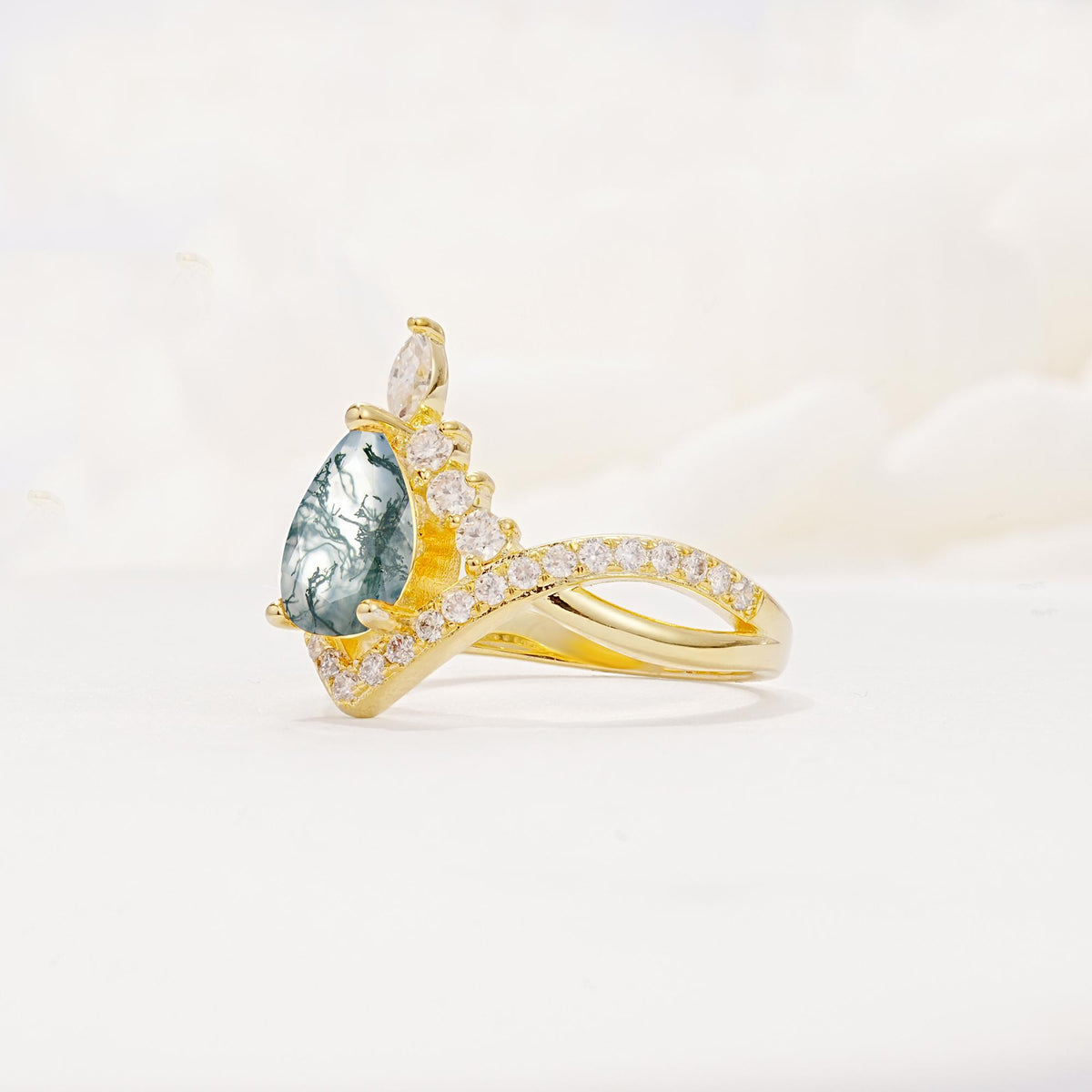 Pear Cut Moss Agate Crown Engagement Ring with Chevron Band - Additional view