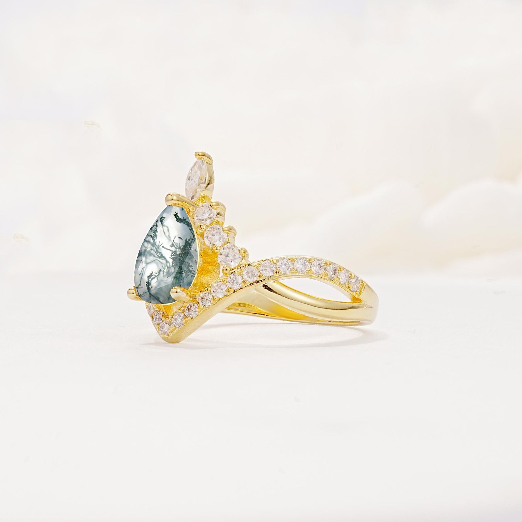 Pear Cut Moss Agate Crown Engagement Ring with Chevron Band - Additional view