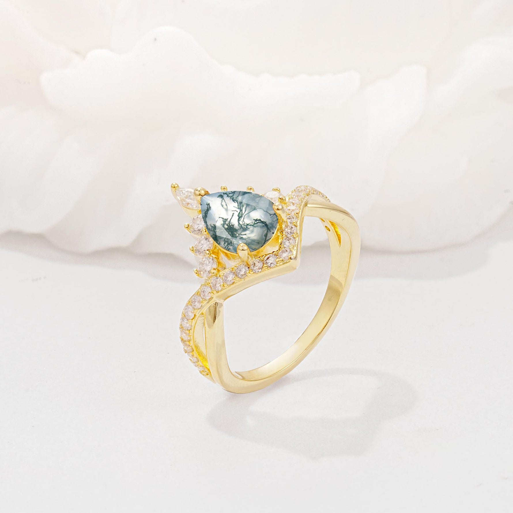 Pear Cut Moss Agate Crown Engagement Ring with Chevron Band - Additional view