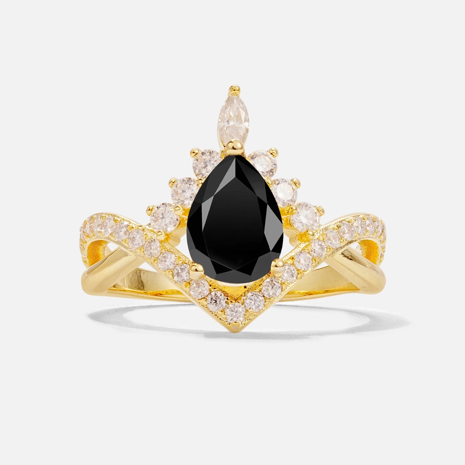 Pear Cut Black Onyx Crown Engagement Ring with Chevron Band