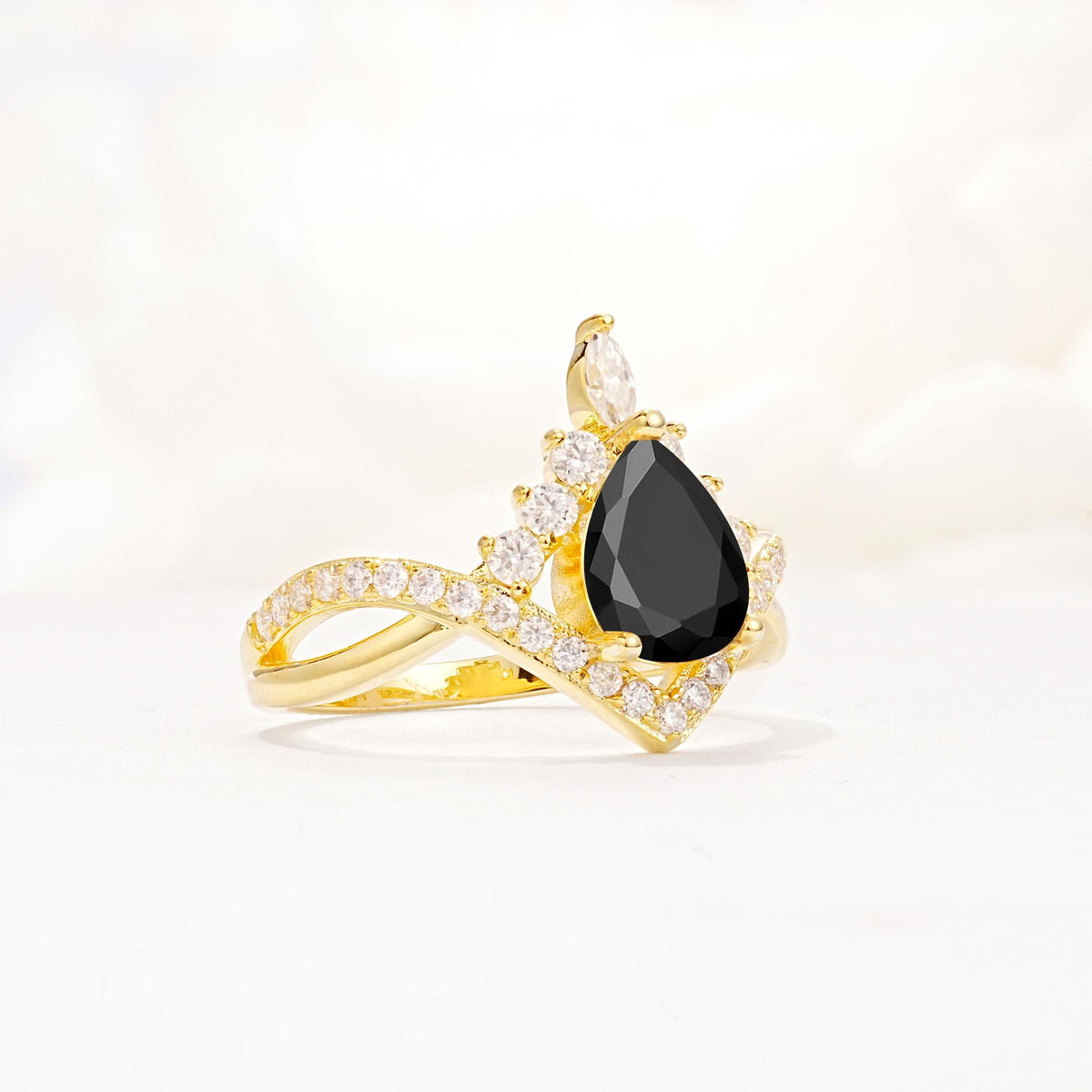 Pear Cut Black Onyx Crown Engagement Ring with Chevron Band - Additional view