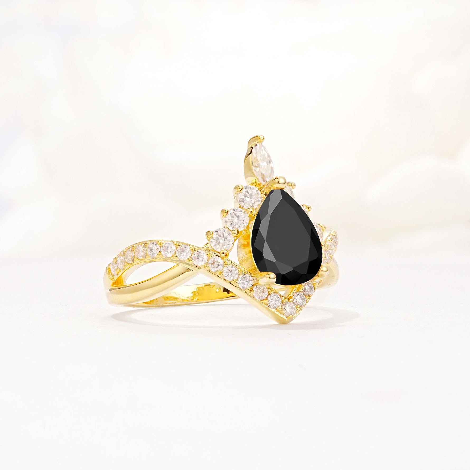 Pear Cut Black Onyx Crown Engagement Ring with Chevron Band - Additional view