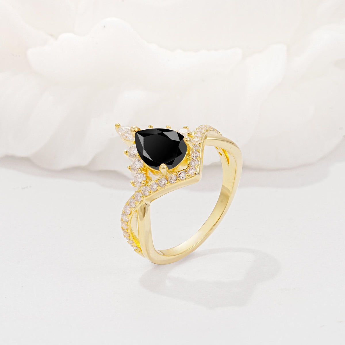 Pear Cut Black Onyx Crown Engagement Ring with Chevron Band - Additional view