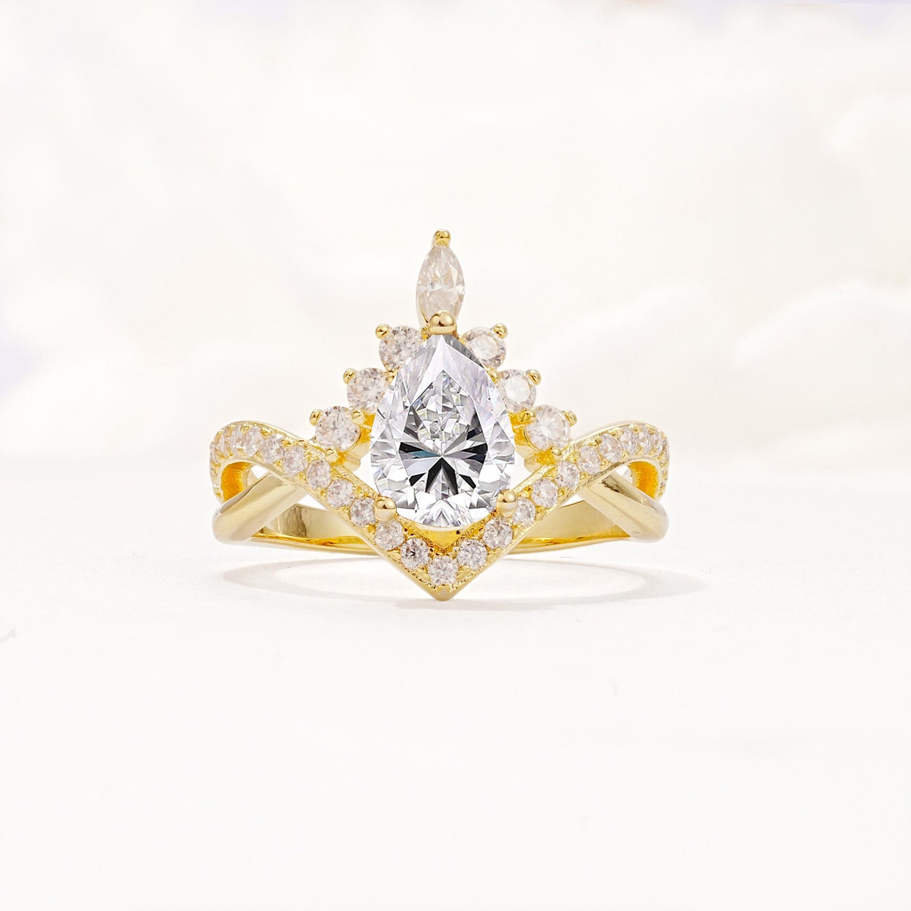 Pear Cut Lab Diamond Crown Engagement Ring with Chevron Band - Additional view