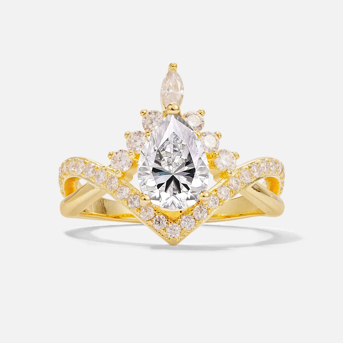 Pear Cut Lab Diamond Crown Engagement Ring with Chevron Band