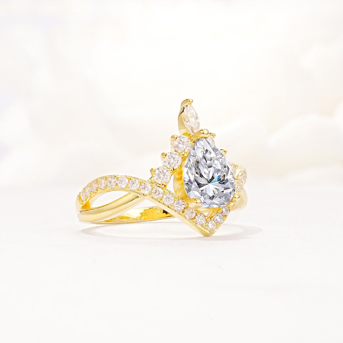 Pear Cut Lab Diamond Crown Engagement Ring with Chevron Band - Additional view