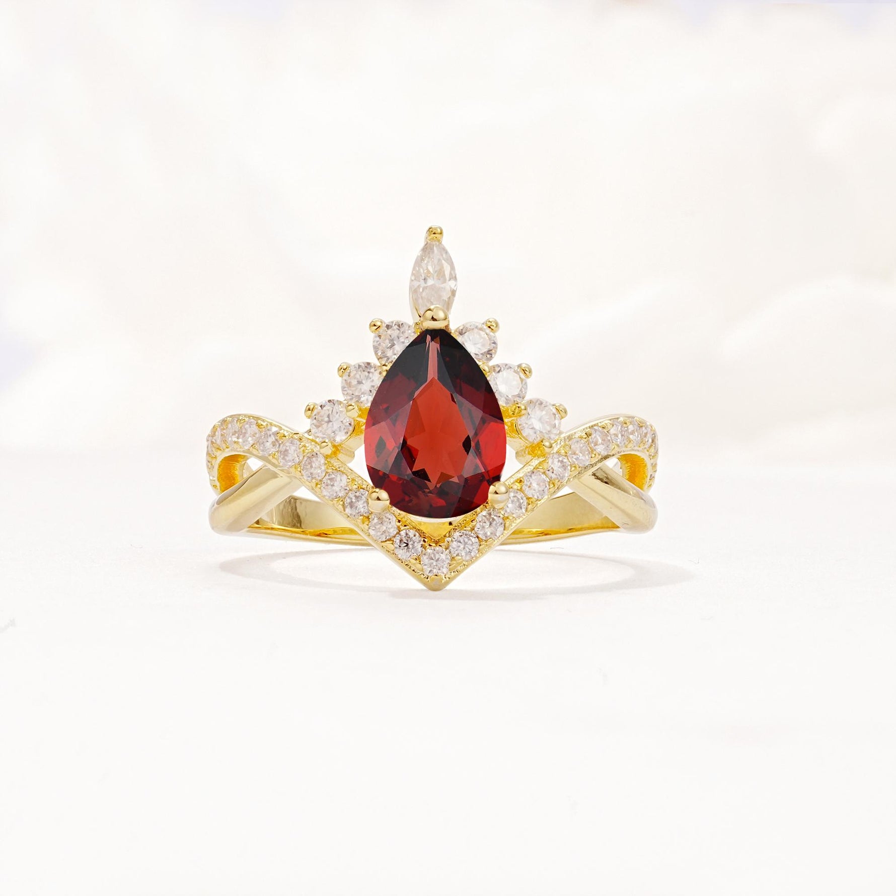 Pear Cut Garnet Crown Engagement Ring with Chevron Band - Additional view