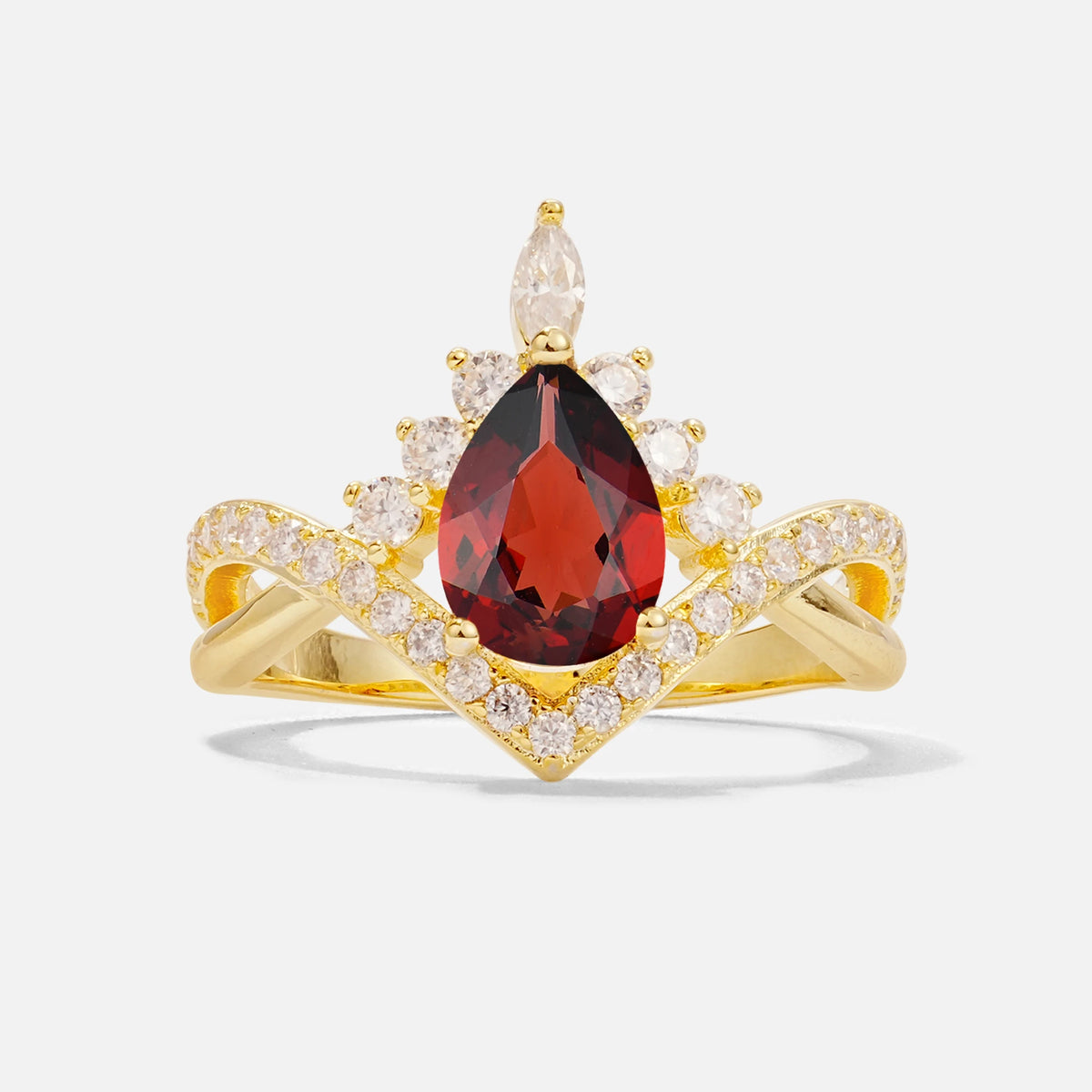 Pear Cut Garnet Crown Engagement Ring with Chevron Band