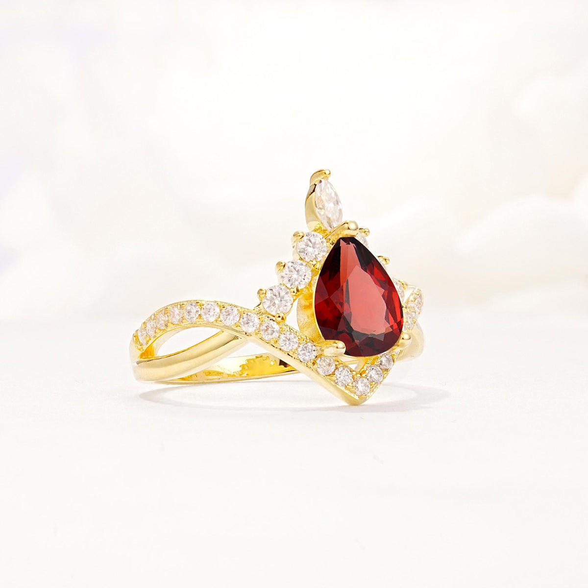 Pear Cut Garnet Crown Engagement Ring with Chevron Band - Additional view
