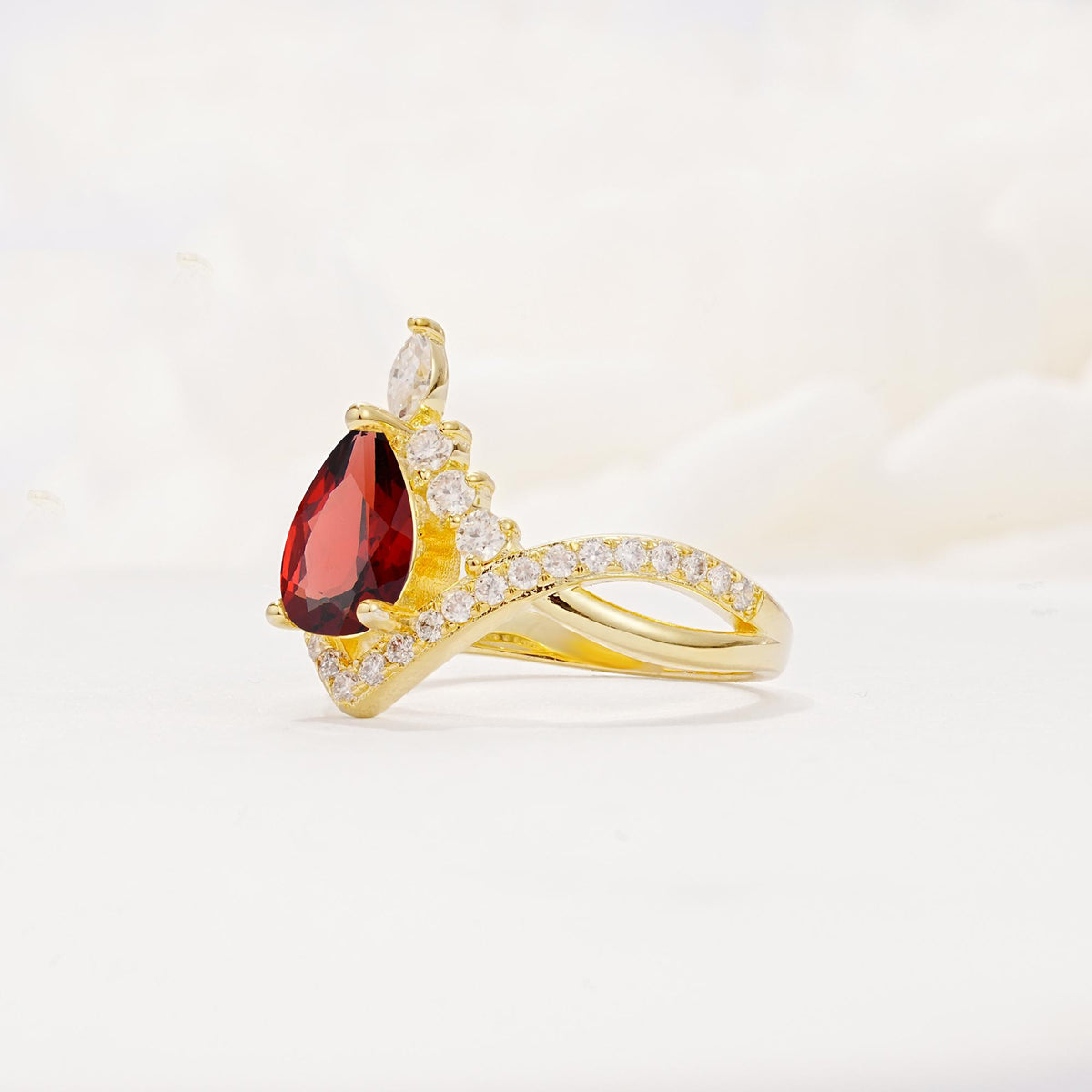Pear Cut Garnet Crown Engagement Ring with Chevron Band - Additional view