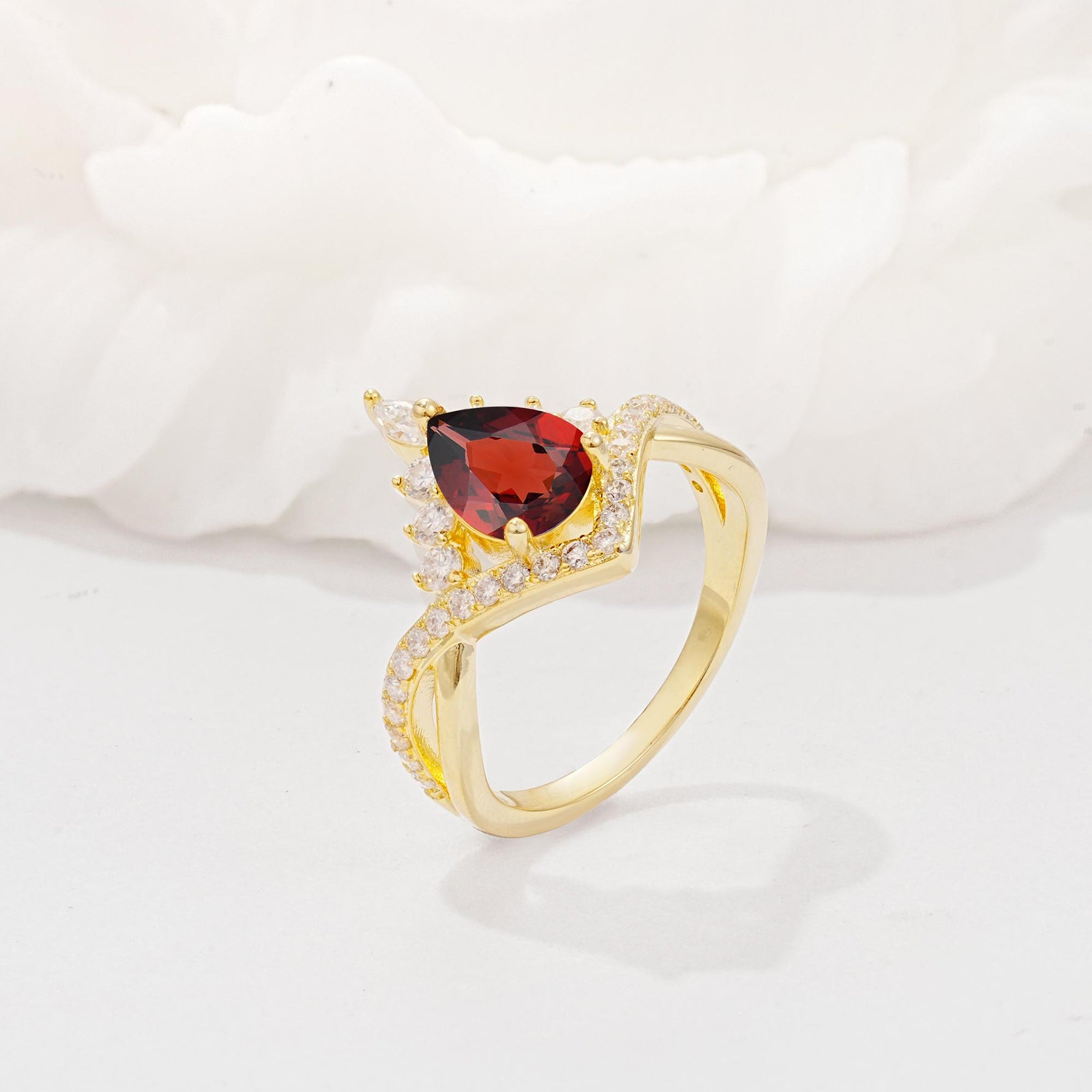 Pear Cut Garnet Crown Engagement Ring with Chevron Band - Additional view