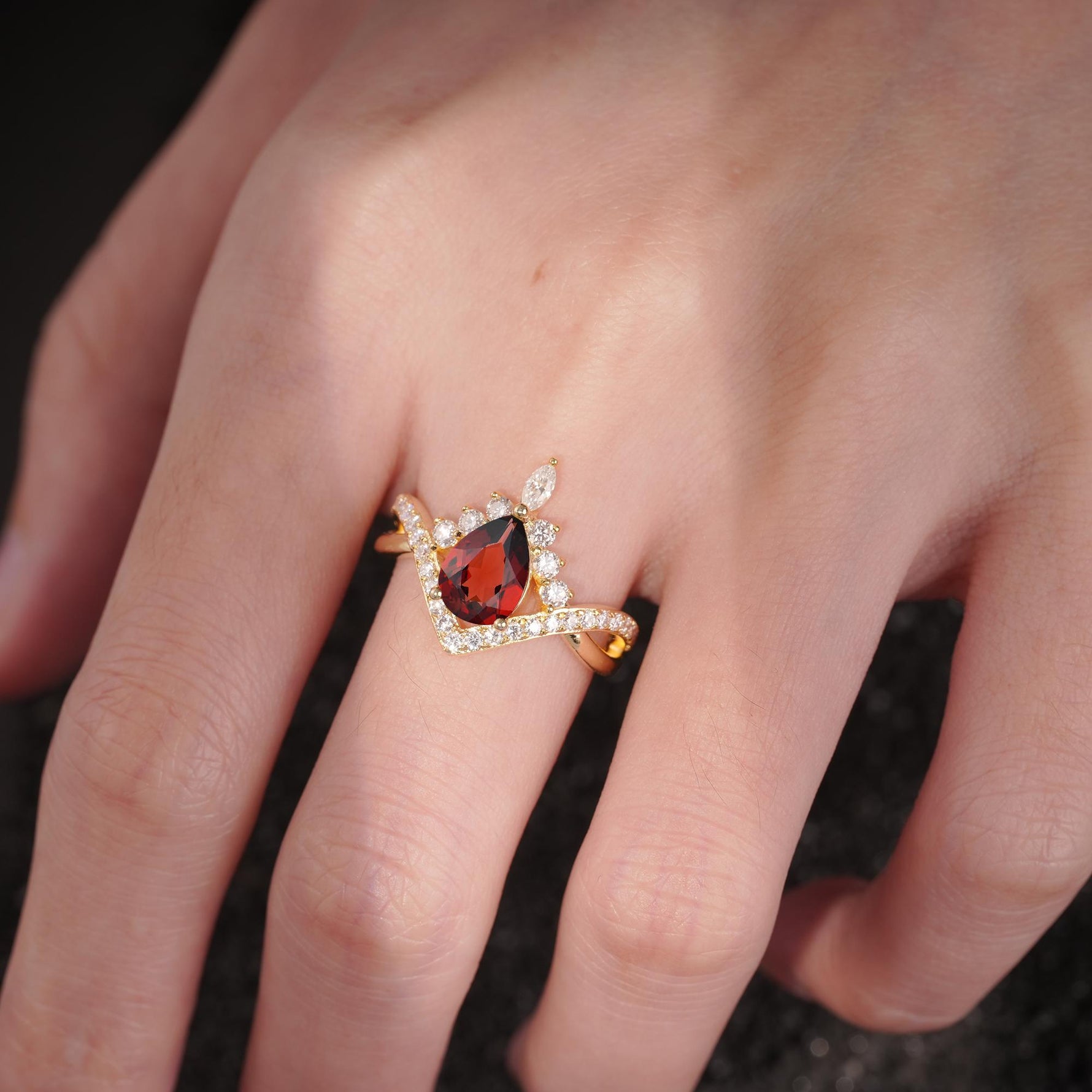 Pear Cut Garnet Crown Engagement Ring with Chevron Band - Additional view