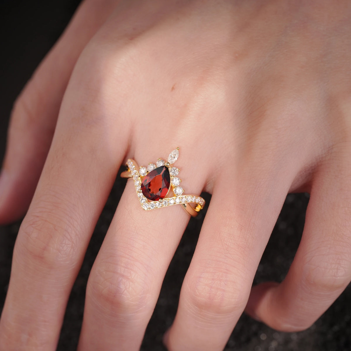 Pear Cut Garnet Crown Engagement Ring with Chevron Band
