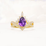 Pear Cut Amethyst Crown Engagement Ring with Chevron Band - Additional view