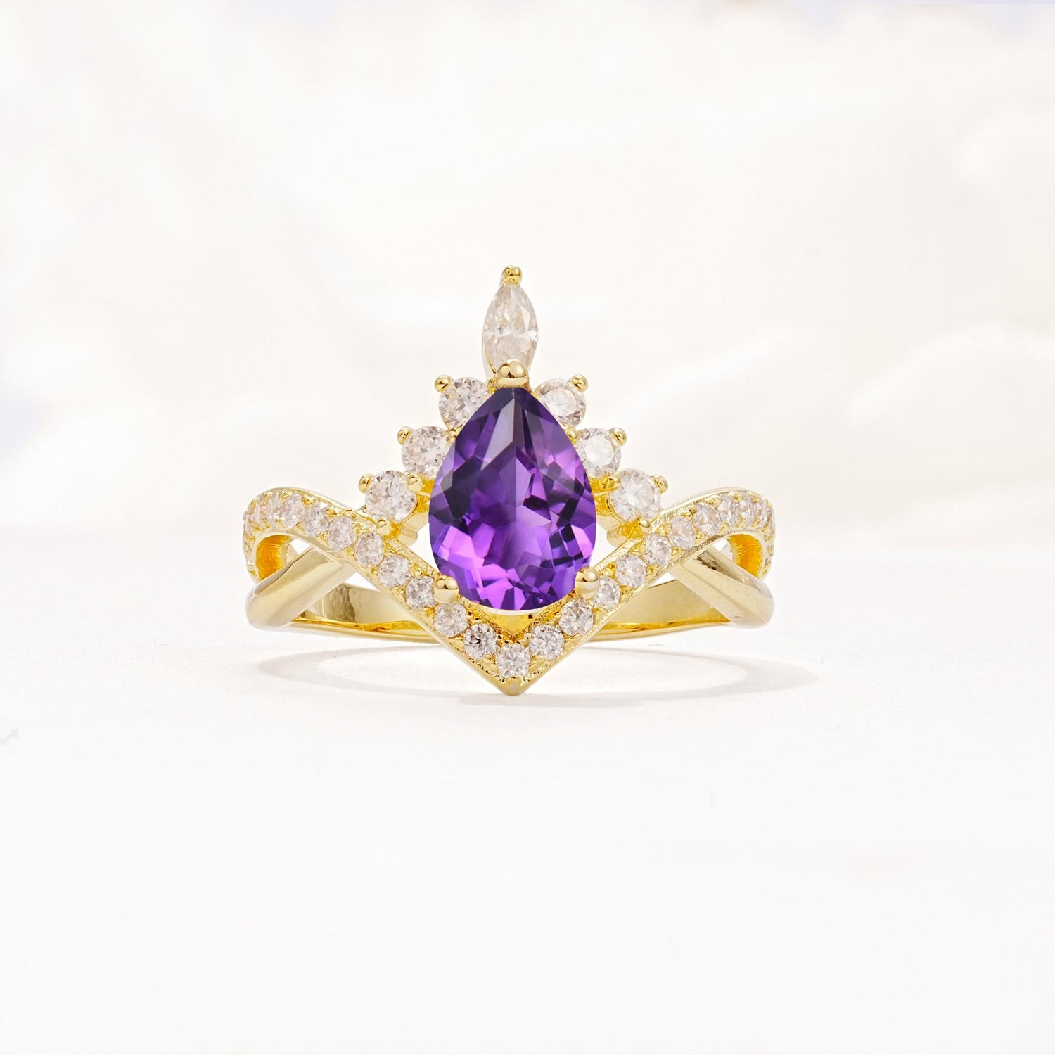 Pear Cut Amethyst Crown Engagement Ring with Chevron Band - Additional view