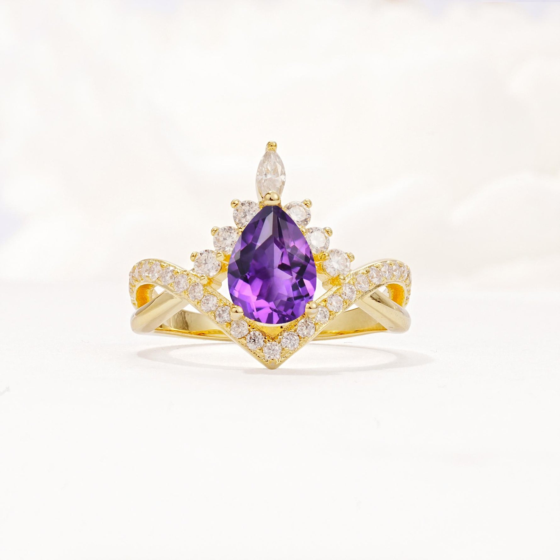 Pear Cut Amethyst Crown Engagement Ring with Chevron Band - Additional view