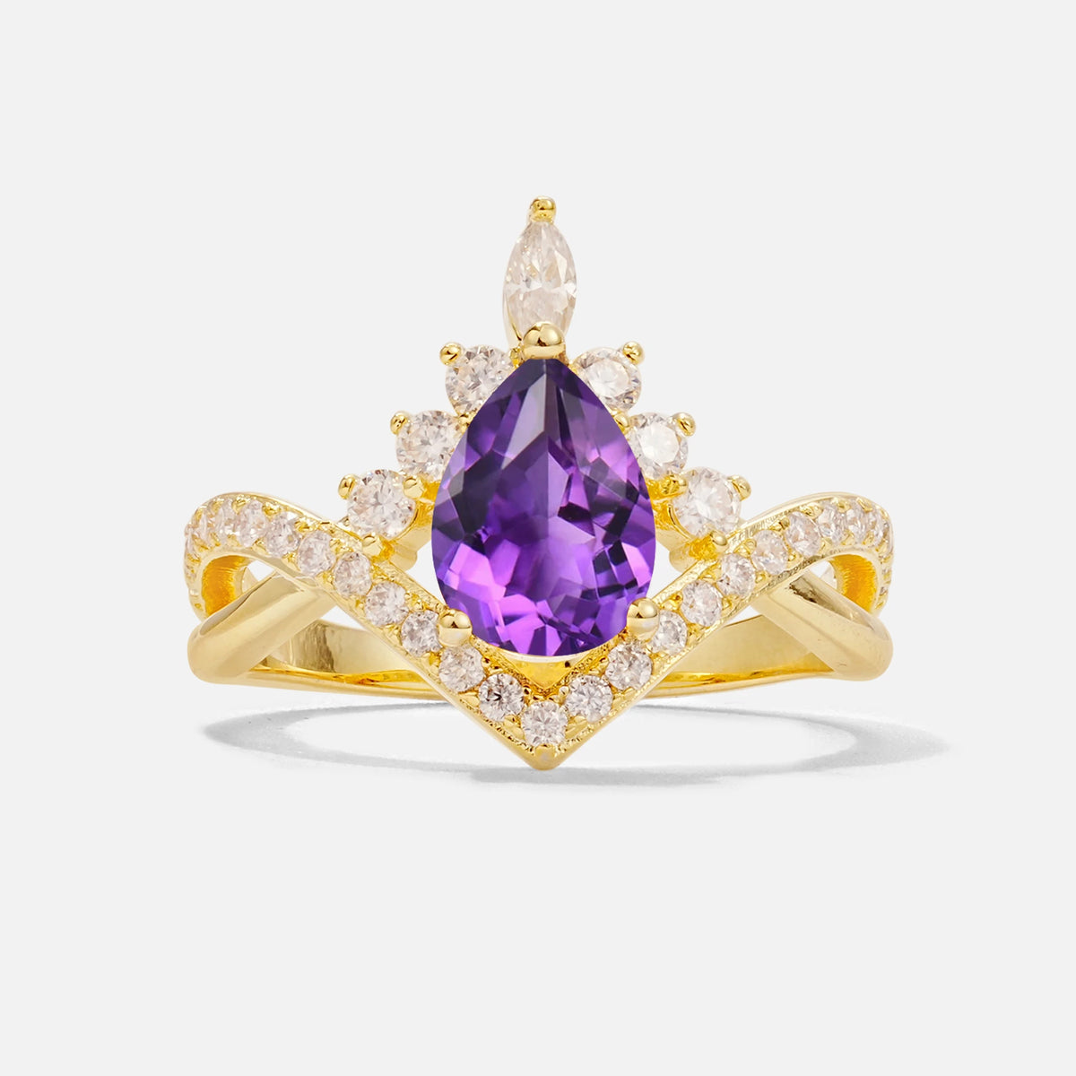 Pear Cut Amethyst Crown Engagement Ring with Chevron Band