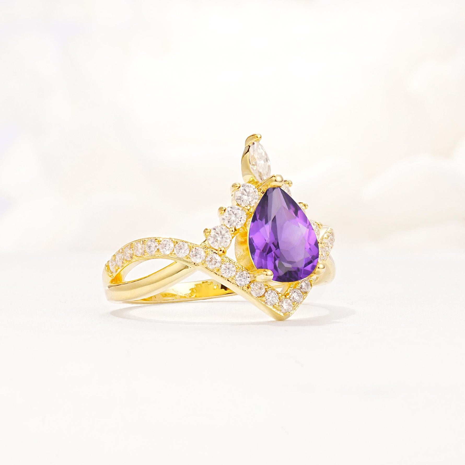 Pear Cut Amethyst Crown Engagement Ring with Chevron Band - Additional view