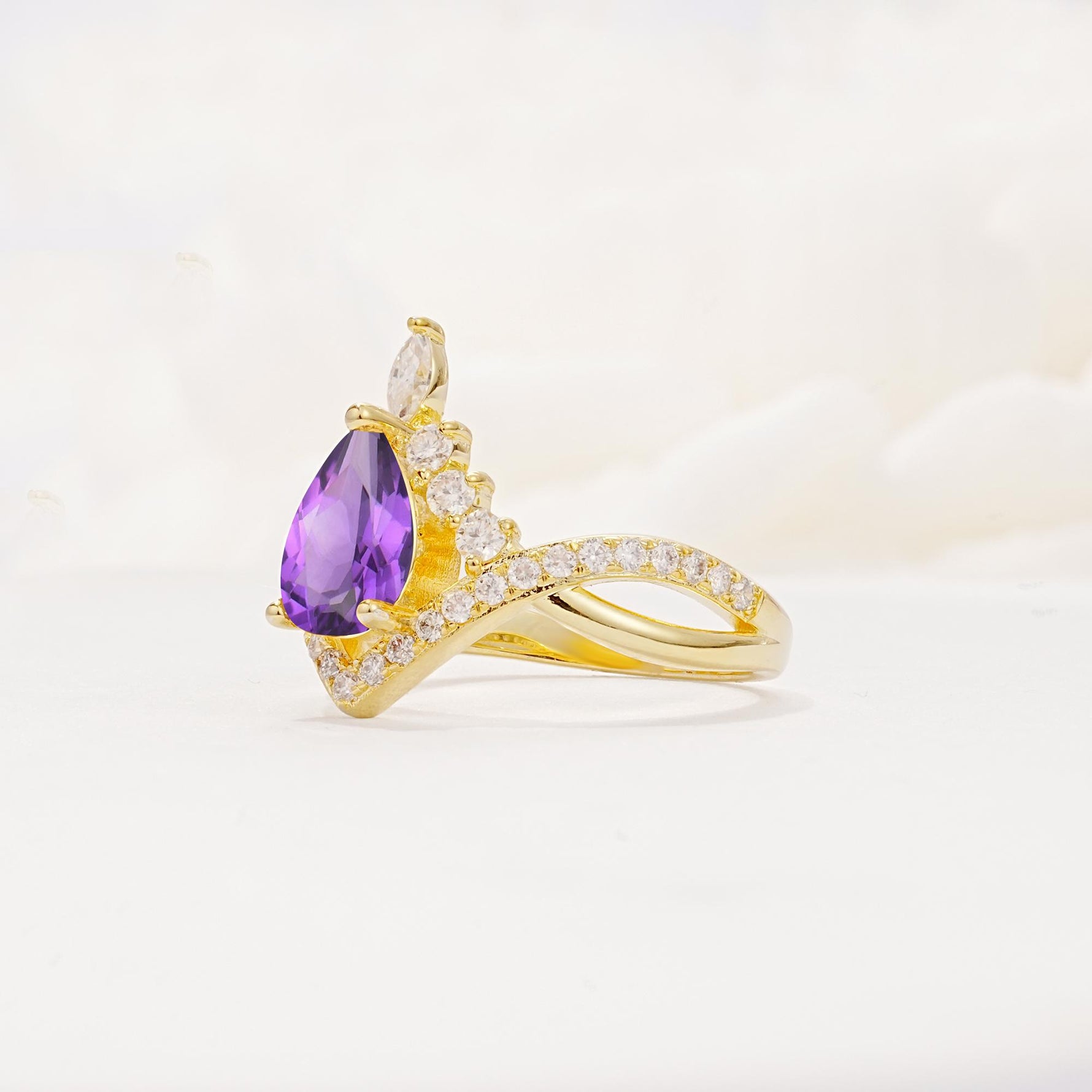 Pear Cut Amethyst Crown Engagement Ring with Chevron Band - Additional view