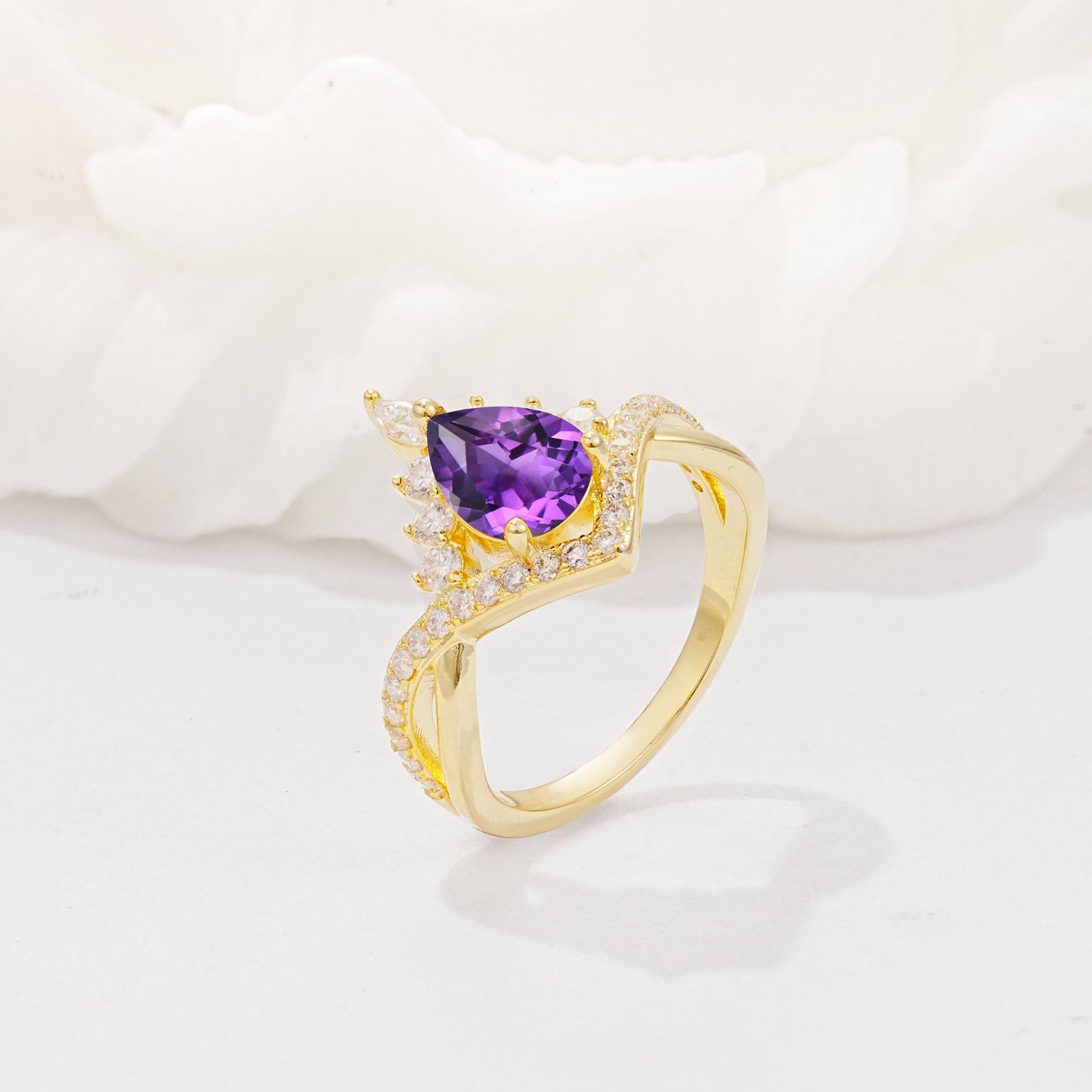 Pear Cut Amethyst Crown Engagement Ring with Chevron Band - Additional view