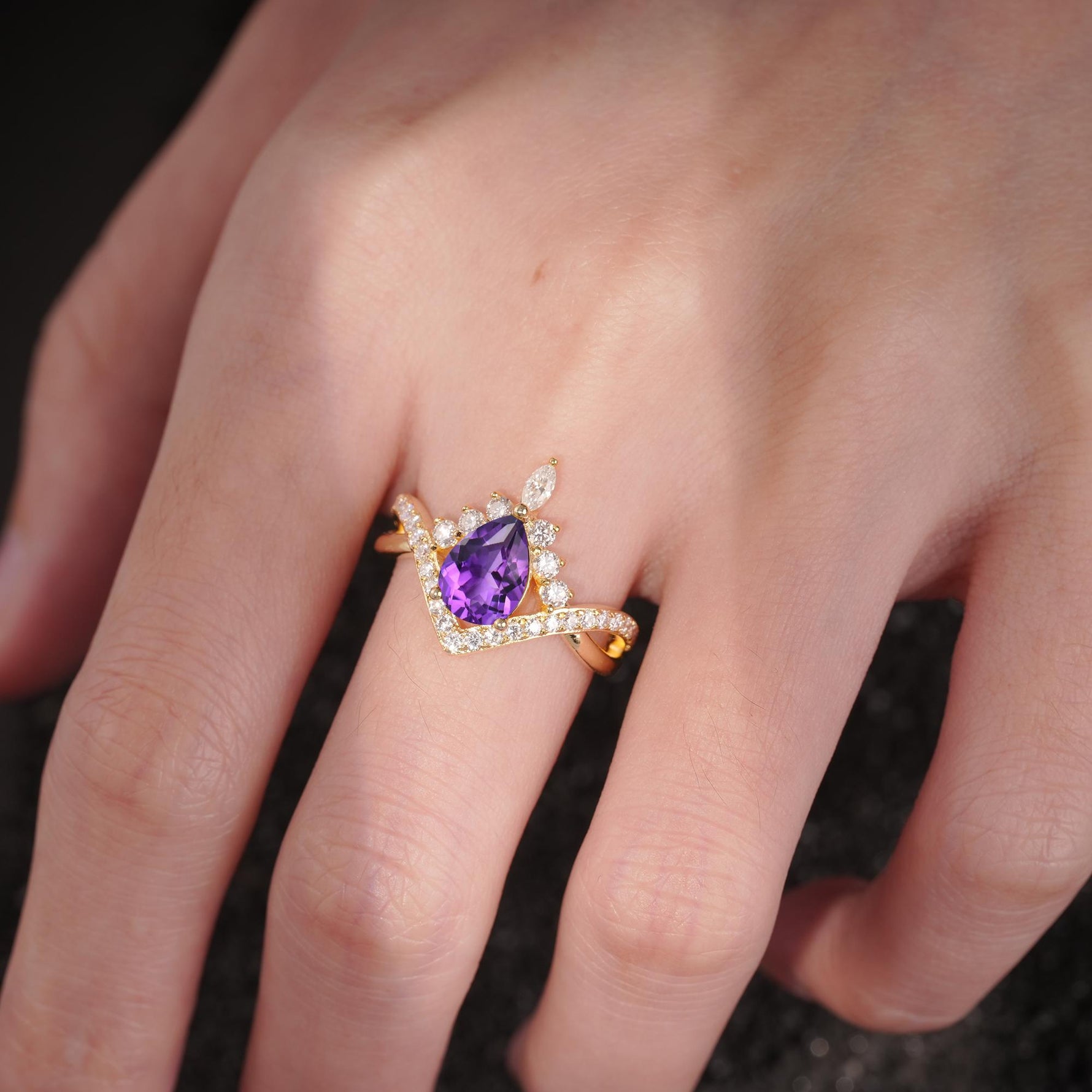 Pear Cut Amethyst Crown Engagement Ring with Chevron Band - Additional view