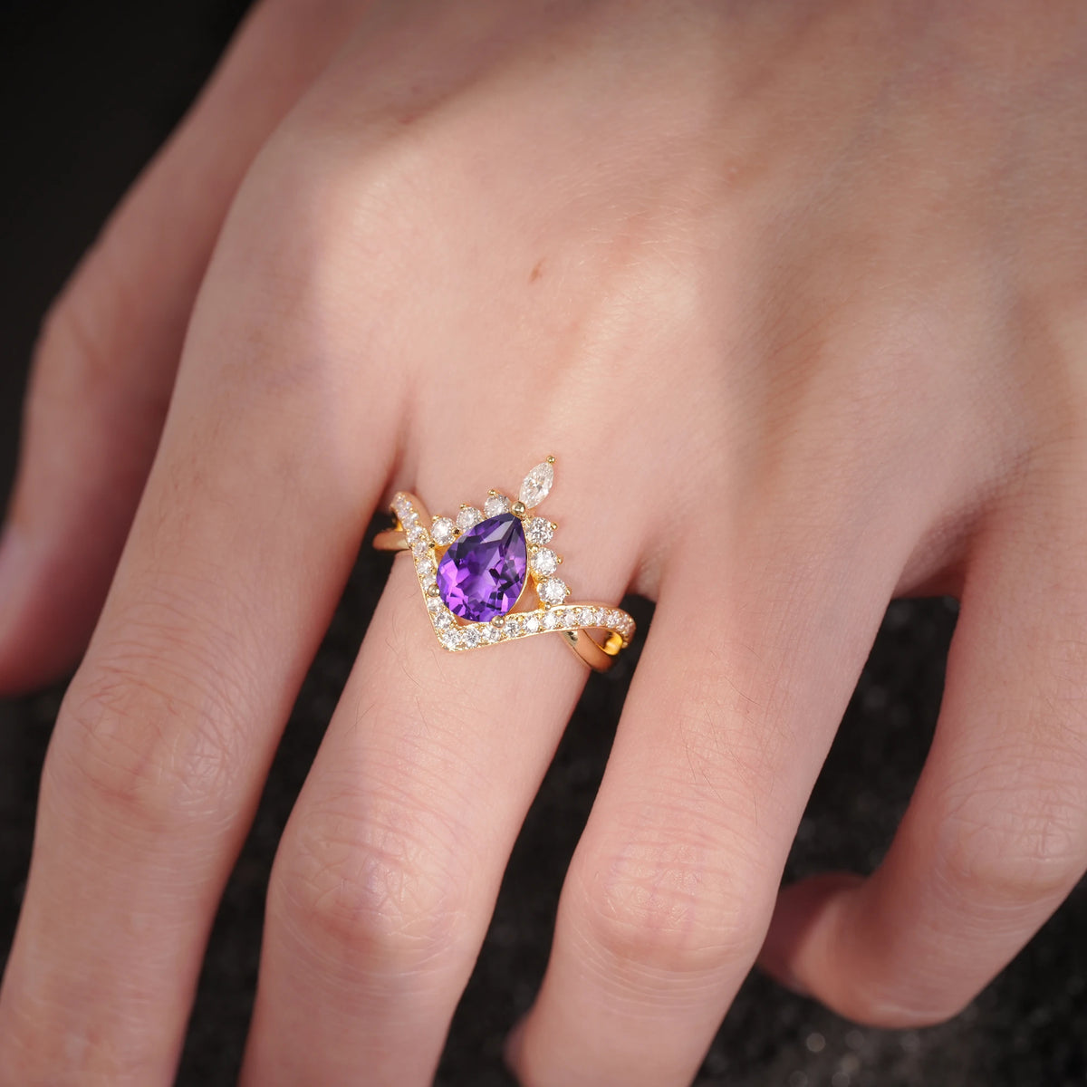Pear Cut Amethyst Crown Engagement Ring with Chevron Band