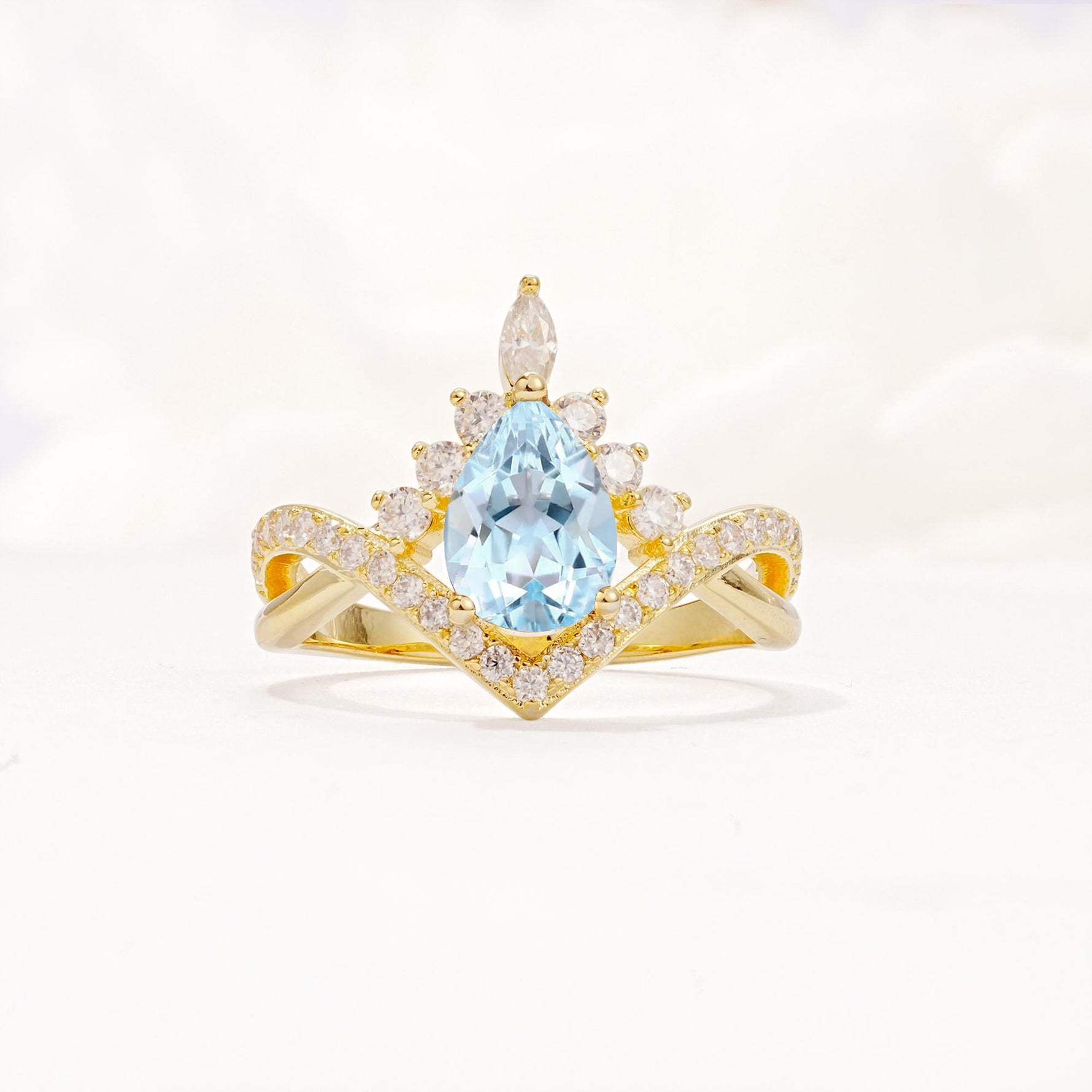 Pear Cut Aquamarine Crown Engagement Ring with Chevron Band - Additional view