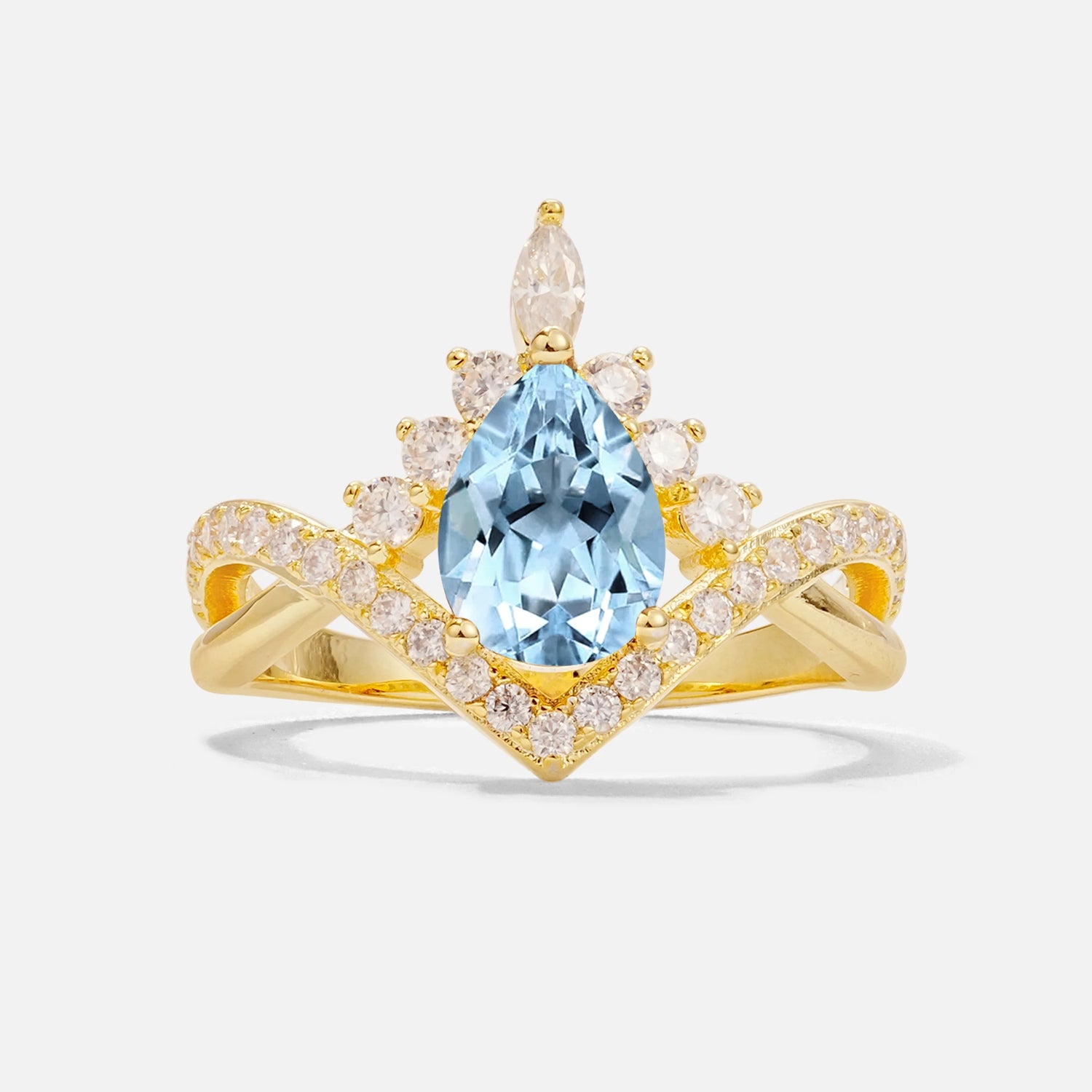 Pear Cut Aquamarine Crown Engagement Ring with Chevron Band