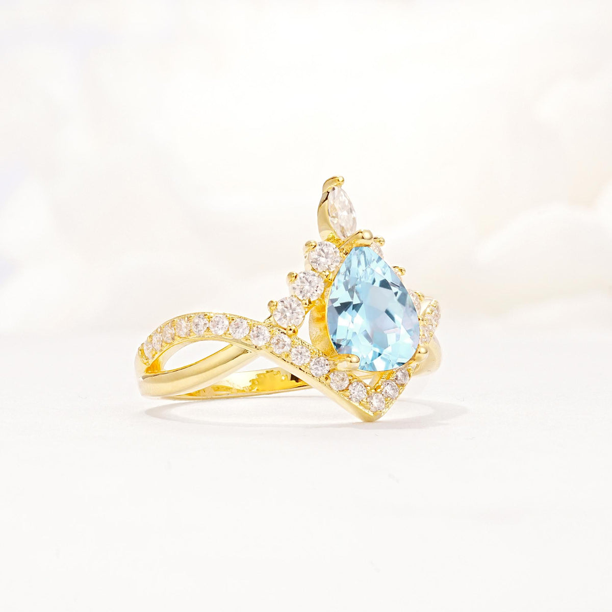 Pear Cut Aquamarine Crown Engagement Ring with Chevron Band - Additional view
