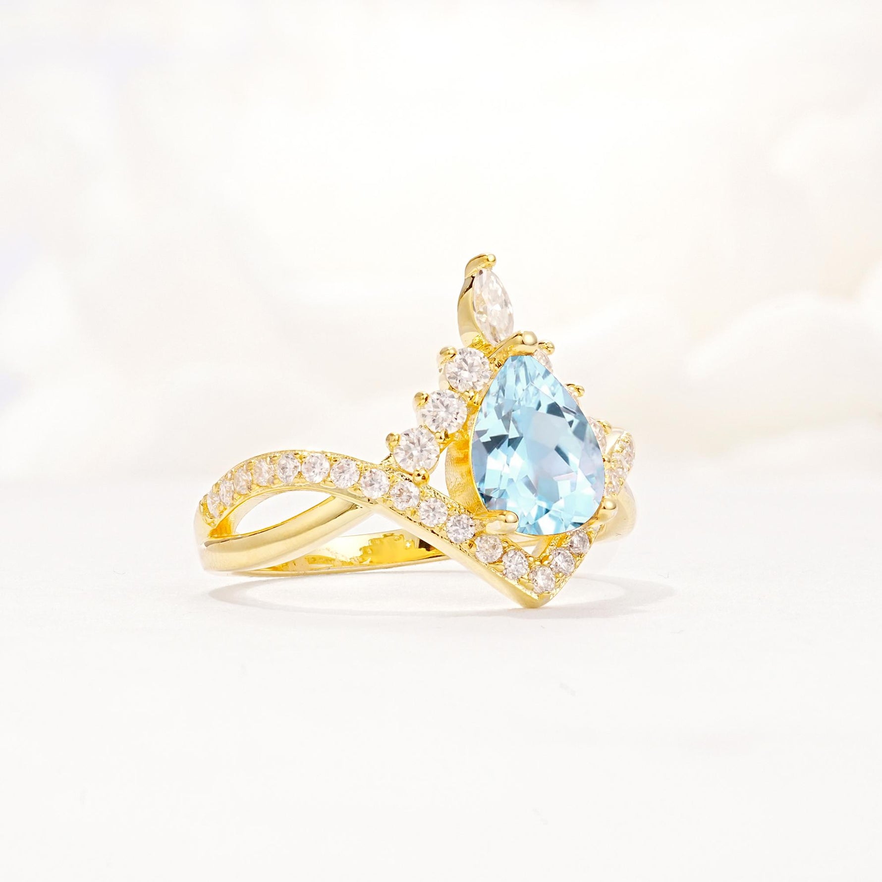Pear Cut Aquamarine Crown Engagement Ring with Chevron Band - Additional view