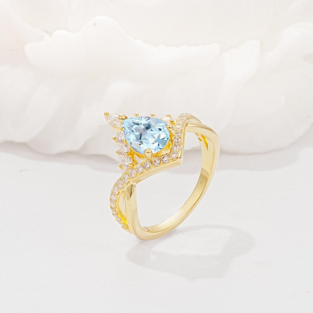 Pear Cut Aquamarine Crown Engagement Ring with Chevron Band - Additional view