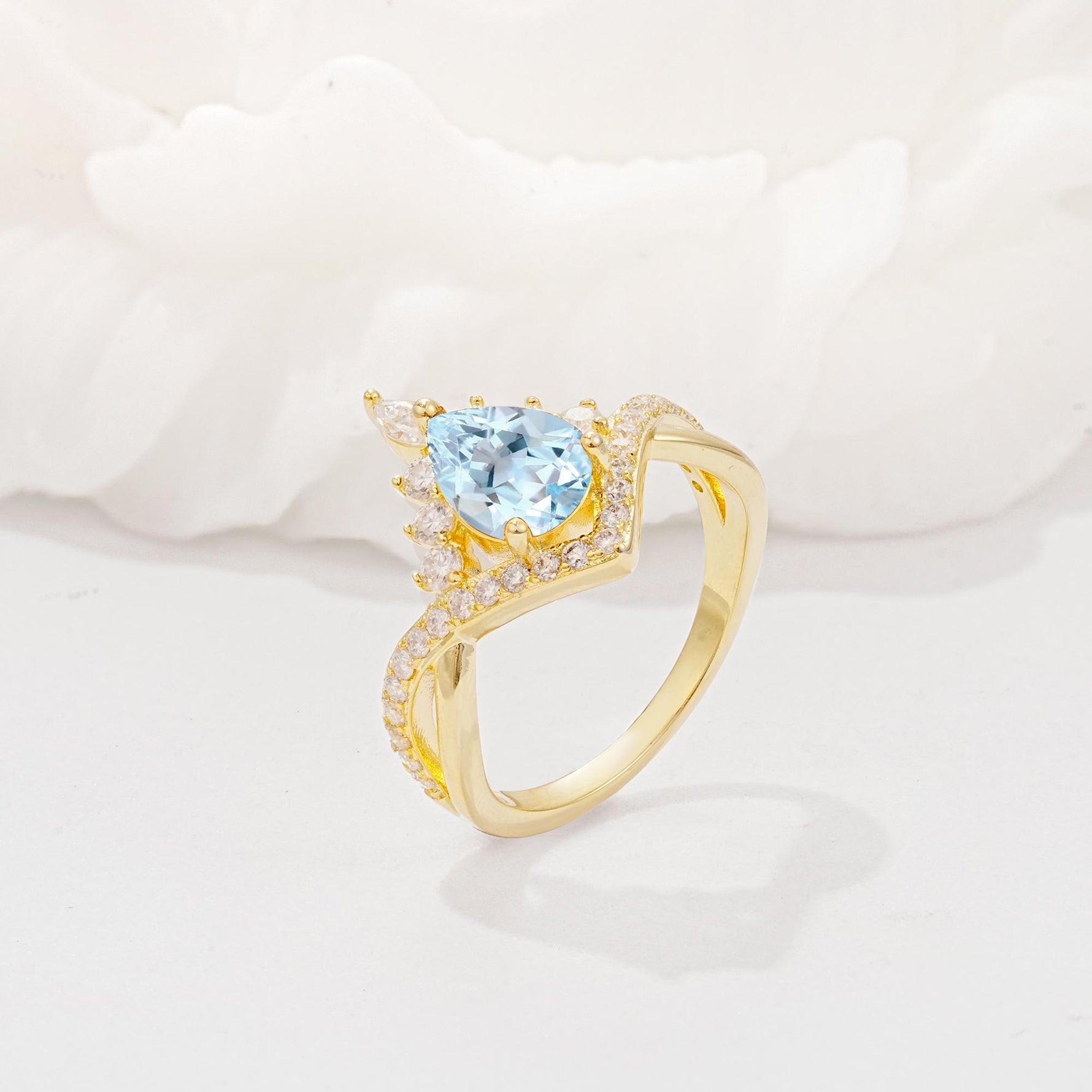 Pear Cut Aquamarine Crown Engagement Ring with Chevron Band - Additional view