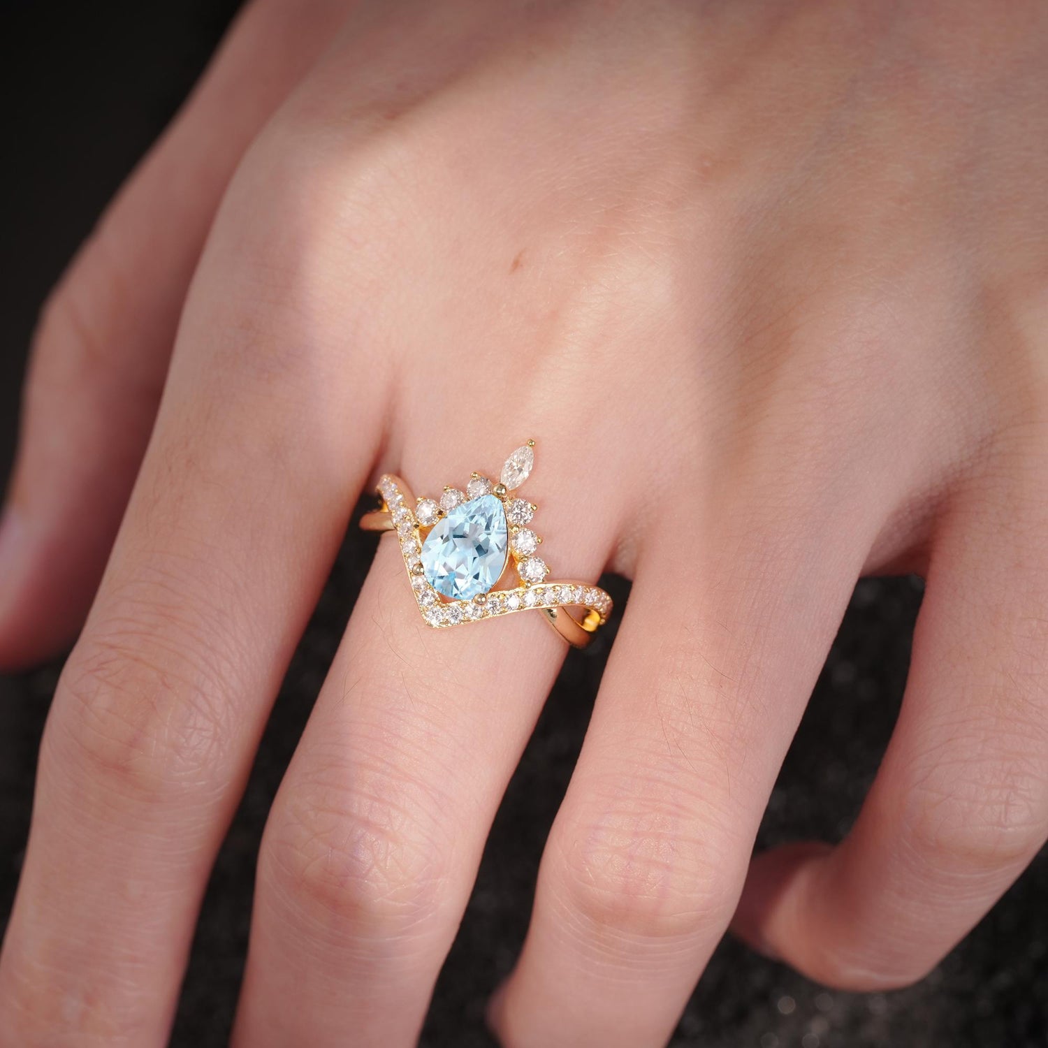 Pear Cut Aquamarine Crown Engagement Ring with Chevron Band - Additional view