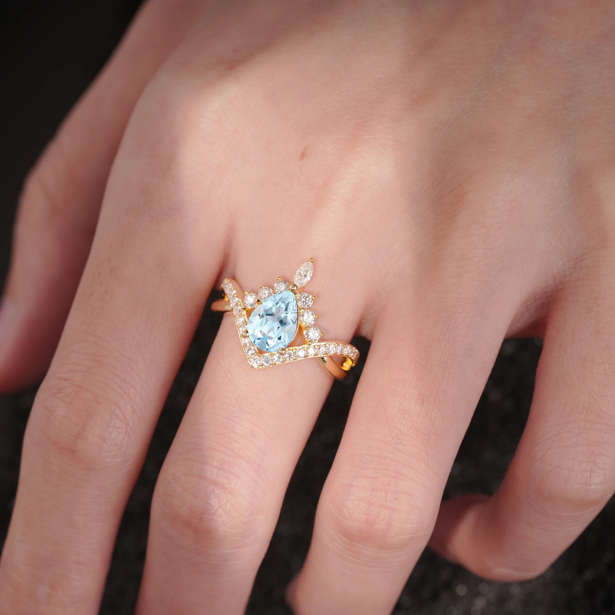 Pear Cut Aquamarine Crown Engagement Ring with Chevron Band