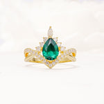 Pear Cut Emerald Crown Engagement Ring with Chevron Band - Additional view
