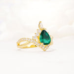 Pear Cut Emerald Crown Engagement Ring with Chevron Band - Additional view